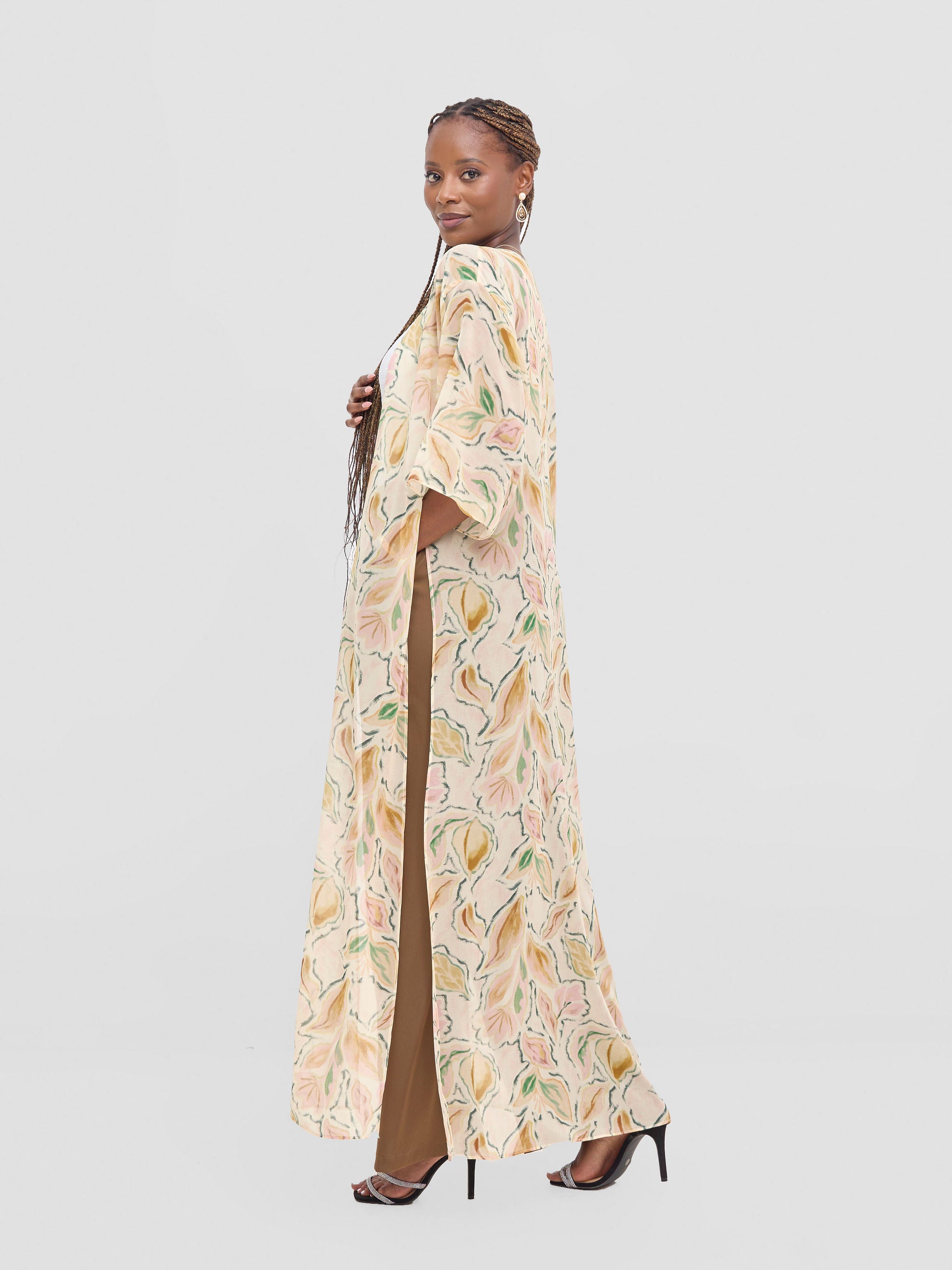 Vivo Basic Nandi High Slit Kimono -  Cream / Pink Print