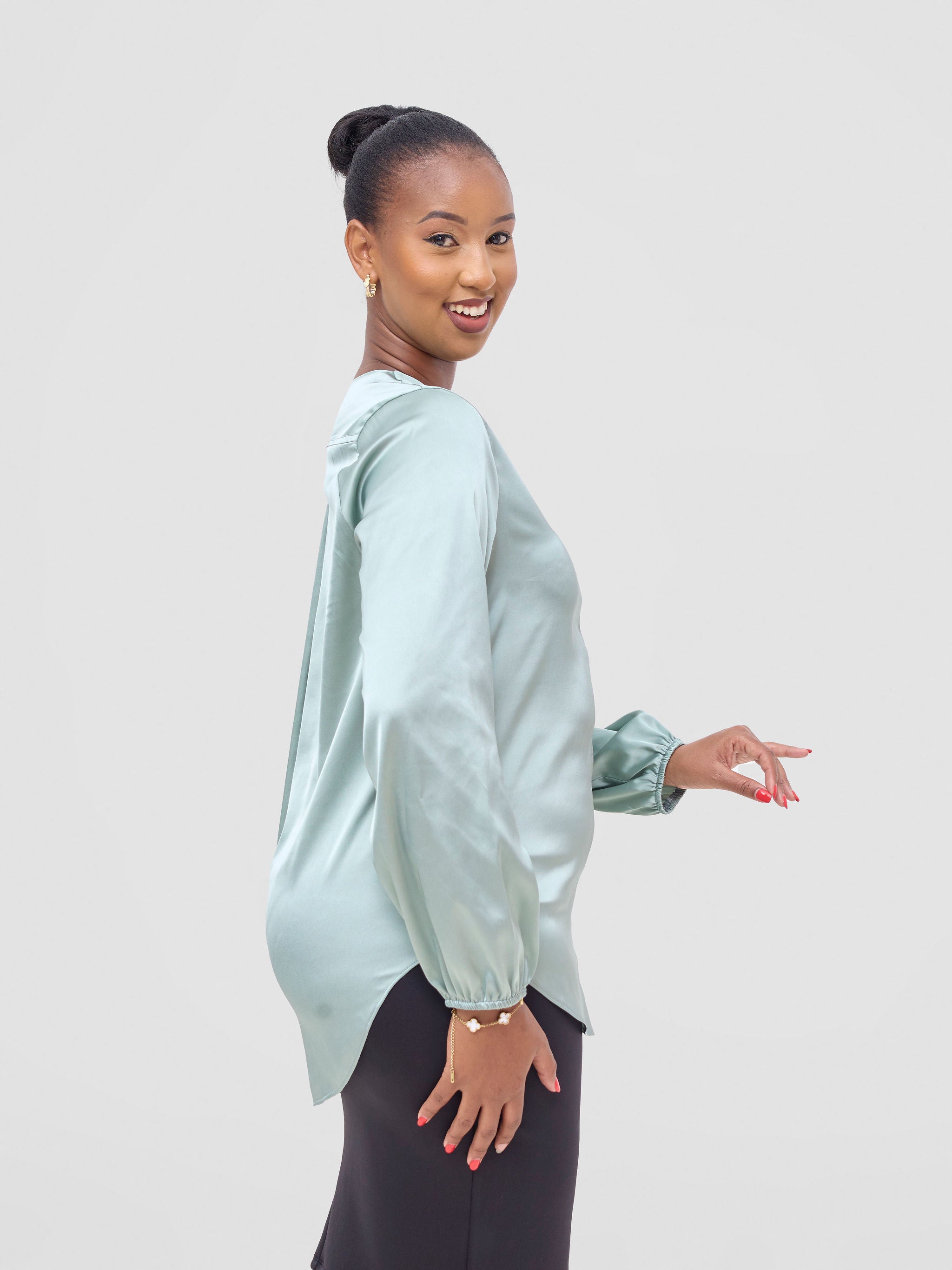 Vivo Dua Satin Bishop Sleeve Top - Dusty Green