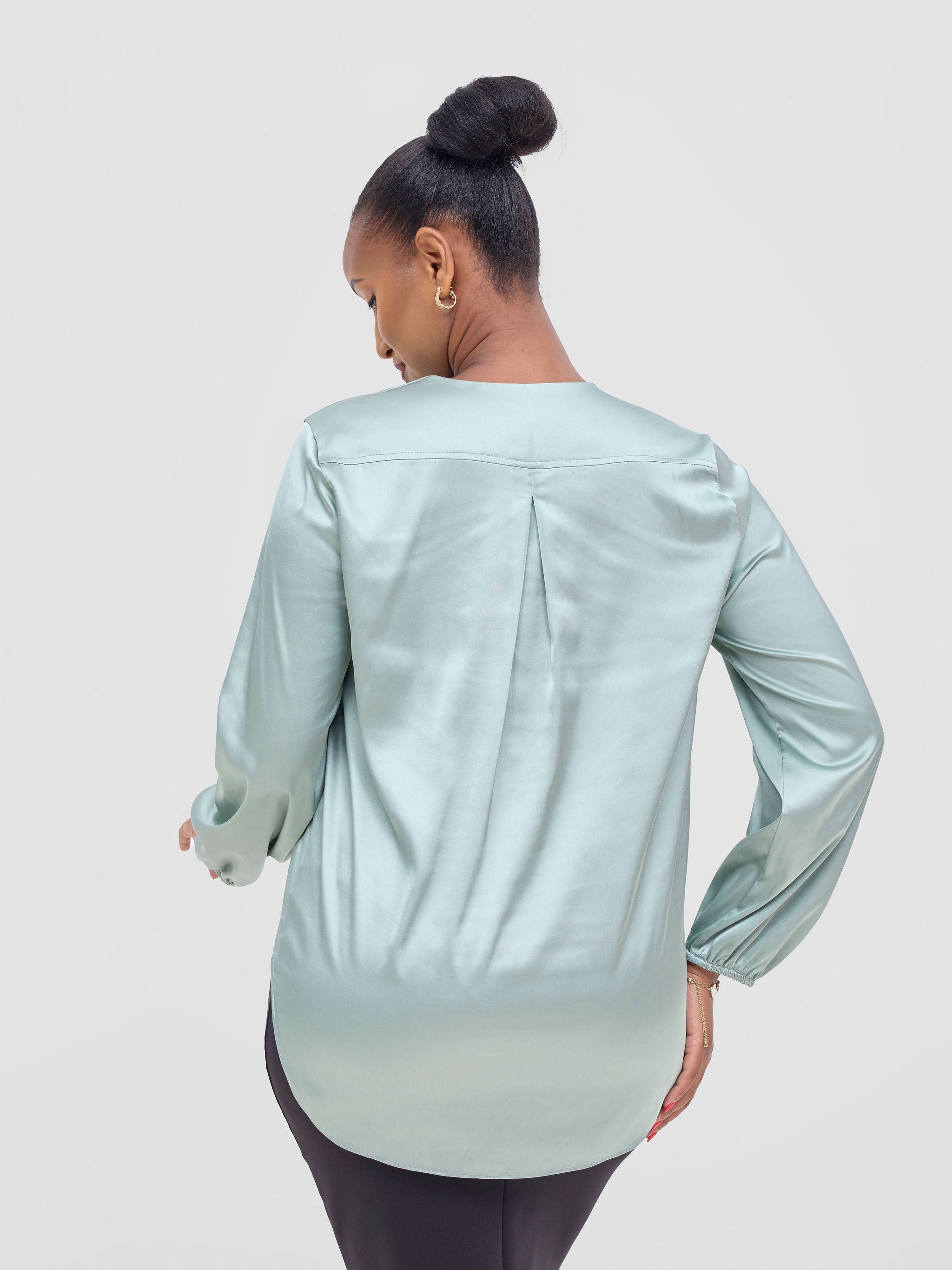 Vivo Dua Satin Bishop Sleeve Top - Dusty Green