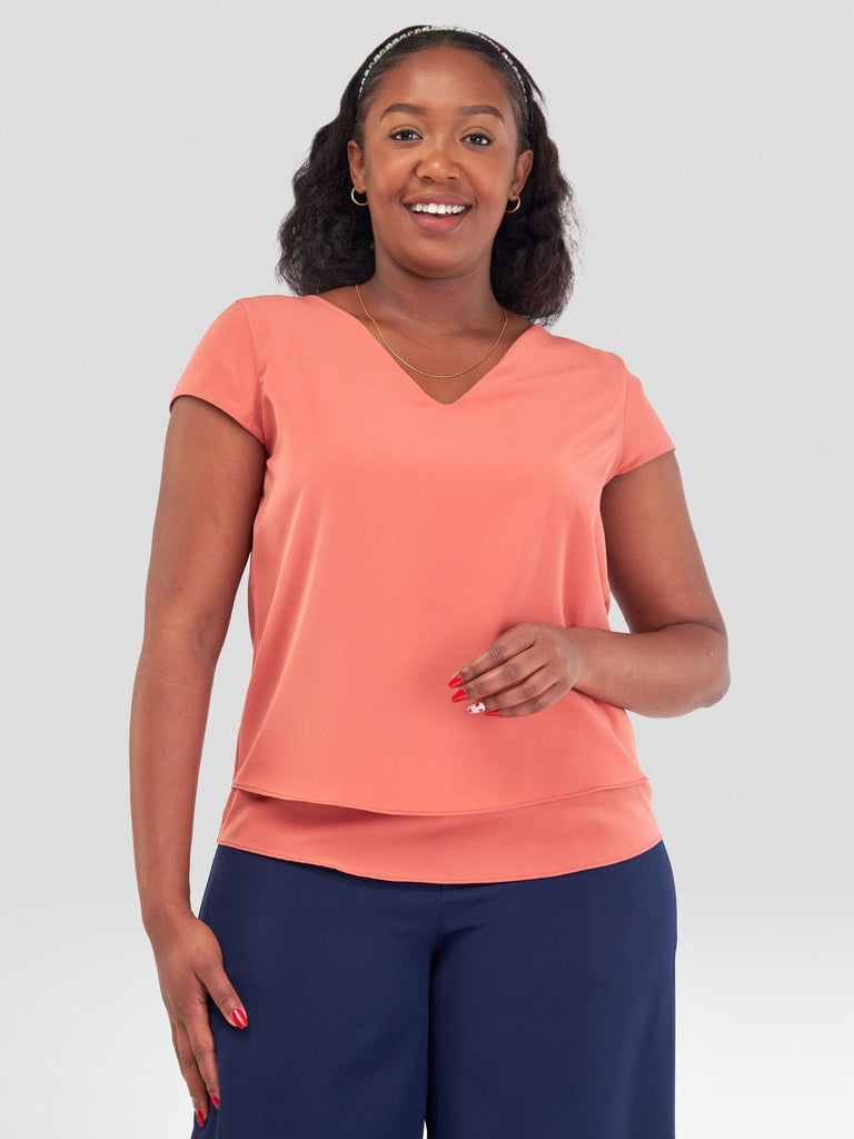 Vivo Zaria Cap Sleeve Double Layered Top - Coral - Shopzetu