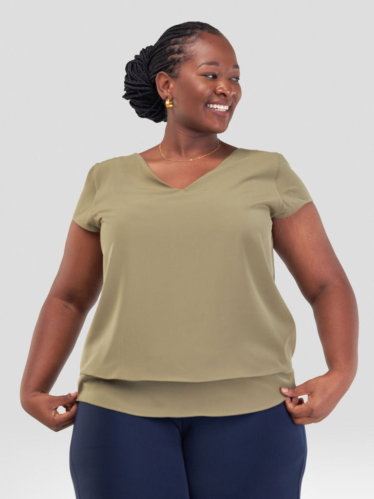 Vivo Zaria Cap Sleeve Double Layered Top - Olive - Shopzetu