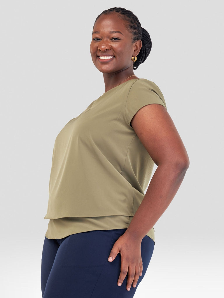 Vivo Zaria Cap Sleeve Double Layered Top - Olive - Shopzetu