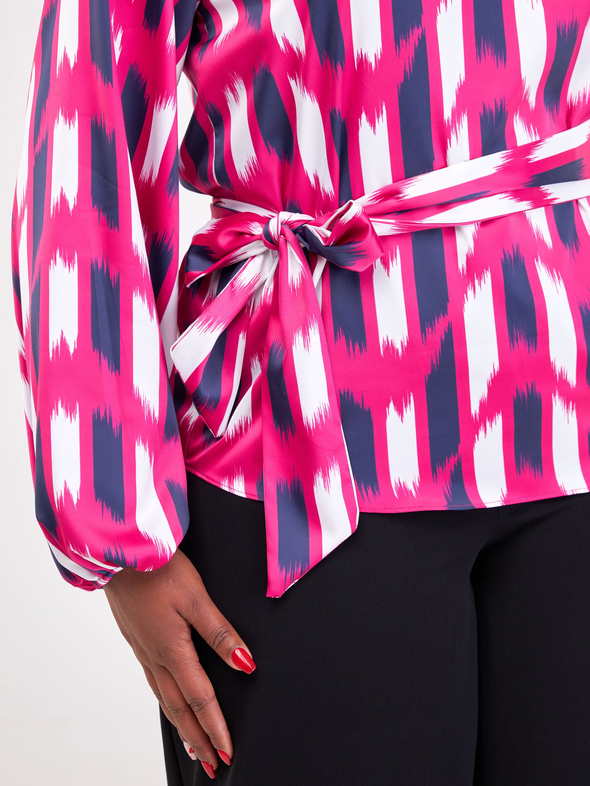 Vivo Basic Satin Bishop Sleeved Top - Pink / Navy Blue Abstract Print