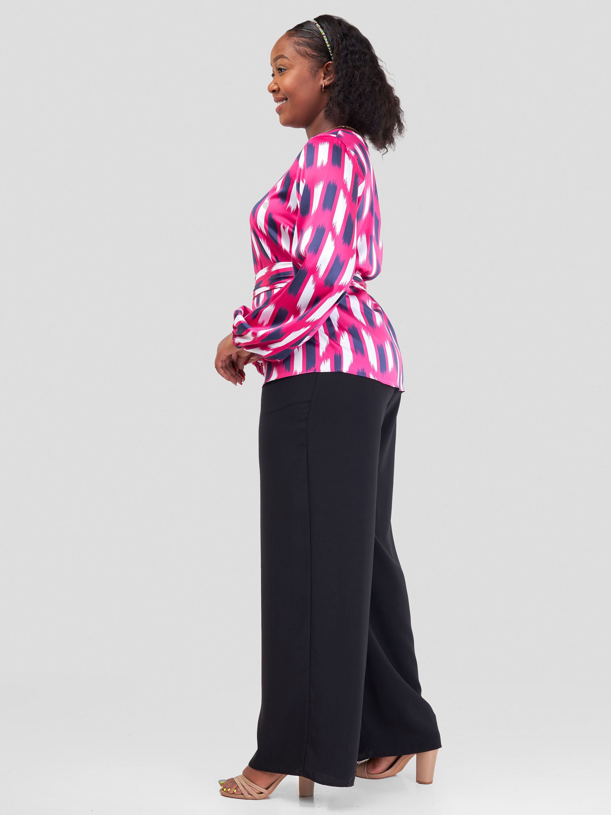 Vivo Basic Satin Bishop Sleeved Top - Pink / Navy Blue Abstract Print
