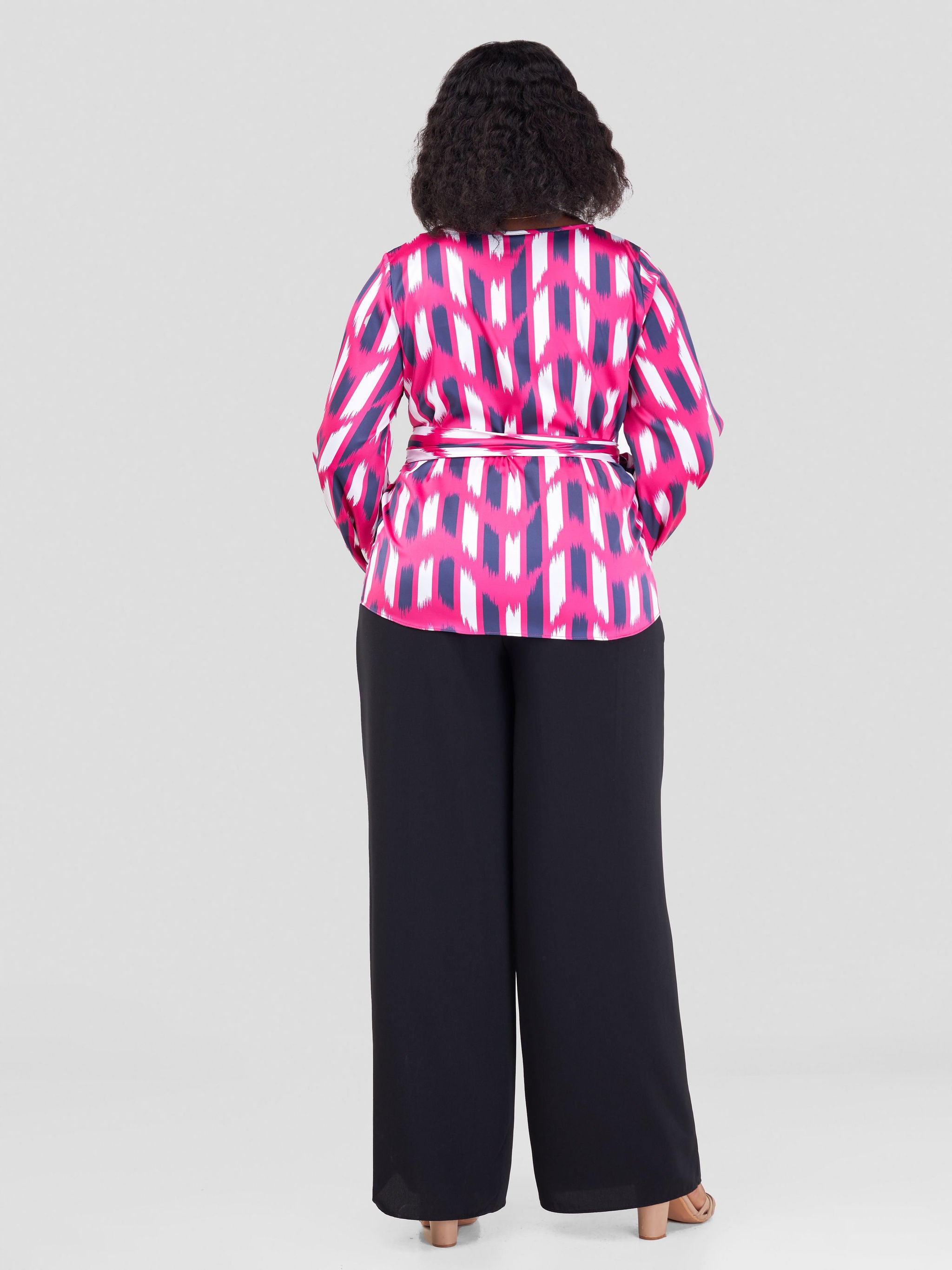 Vivo Basic Satin Bishop Sleeved Top - Pink / Navy Blue Abstract Print