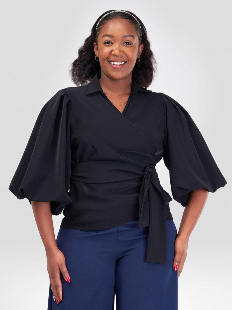 Vivo Zaria Bishop Sleeve Tie Top - Black - Shopzetu