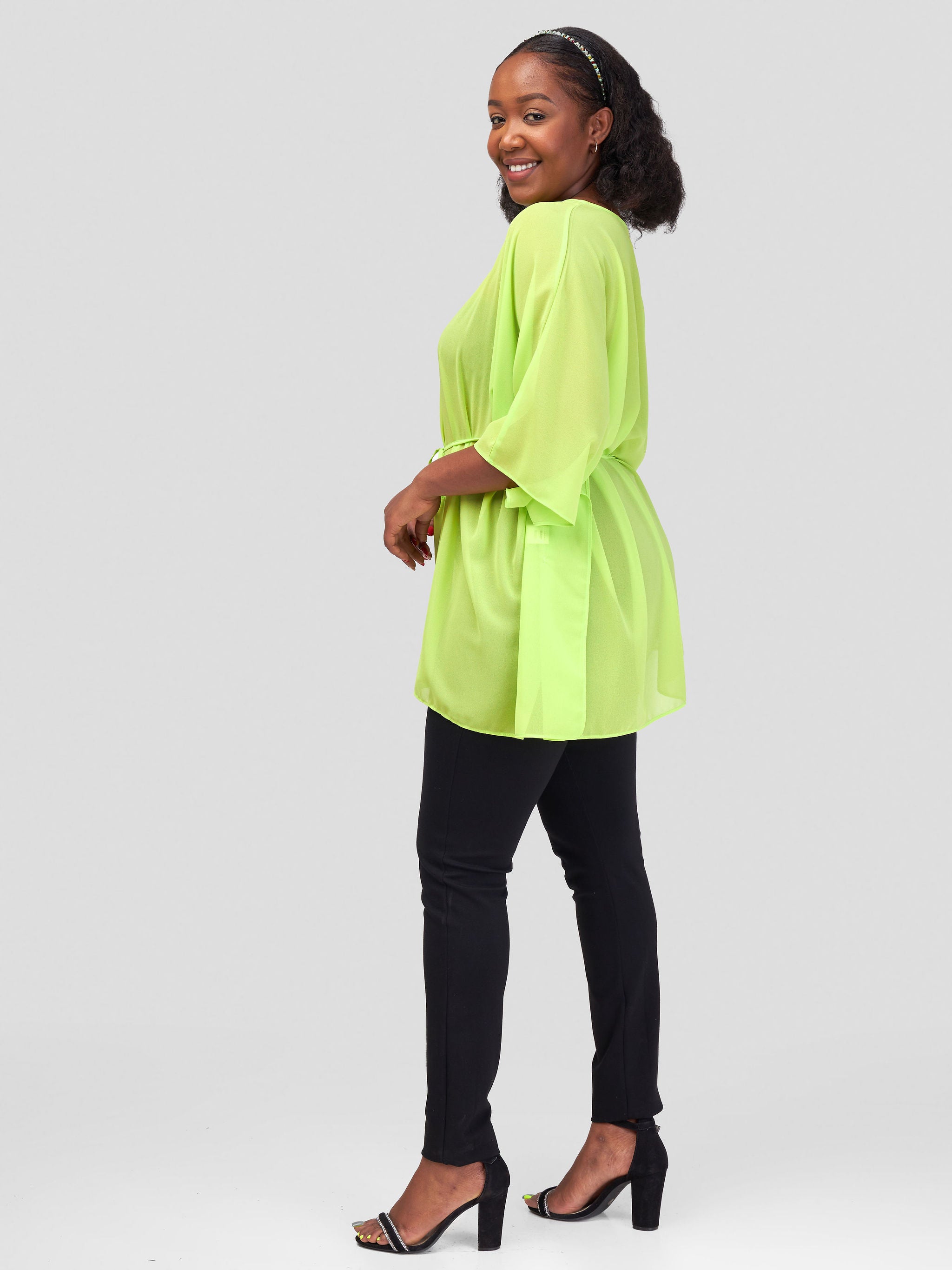 Vivo Basic Chiffon Tie Kaftan Top - Lime Green