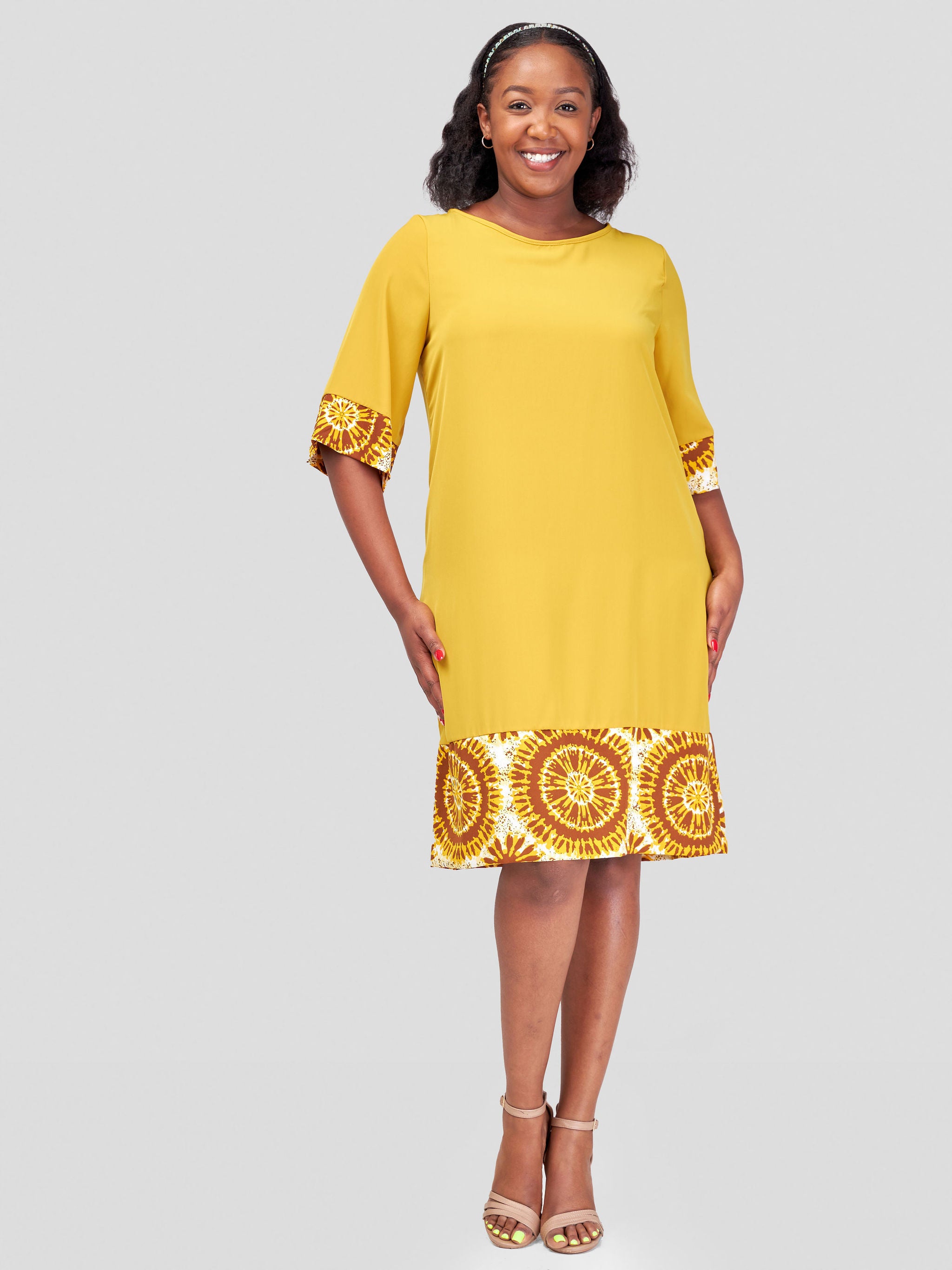 Vivo Zuri A-Line Dress - Mustard + Mustard / Brown Abstract Print | Vivo Fashion Group Kenya Vivo Zuri A-Line Dress - Mustard + Mustard / Brown Abstract Print | Vivo Fashion Group Kenya