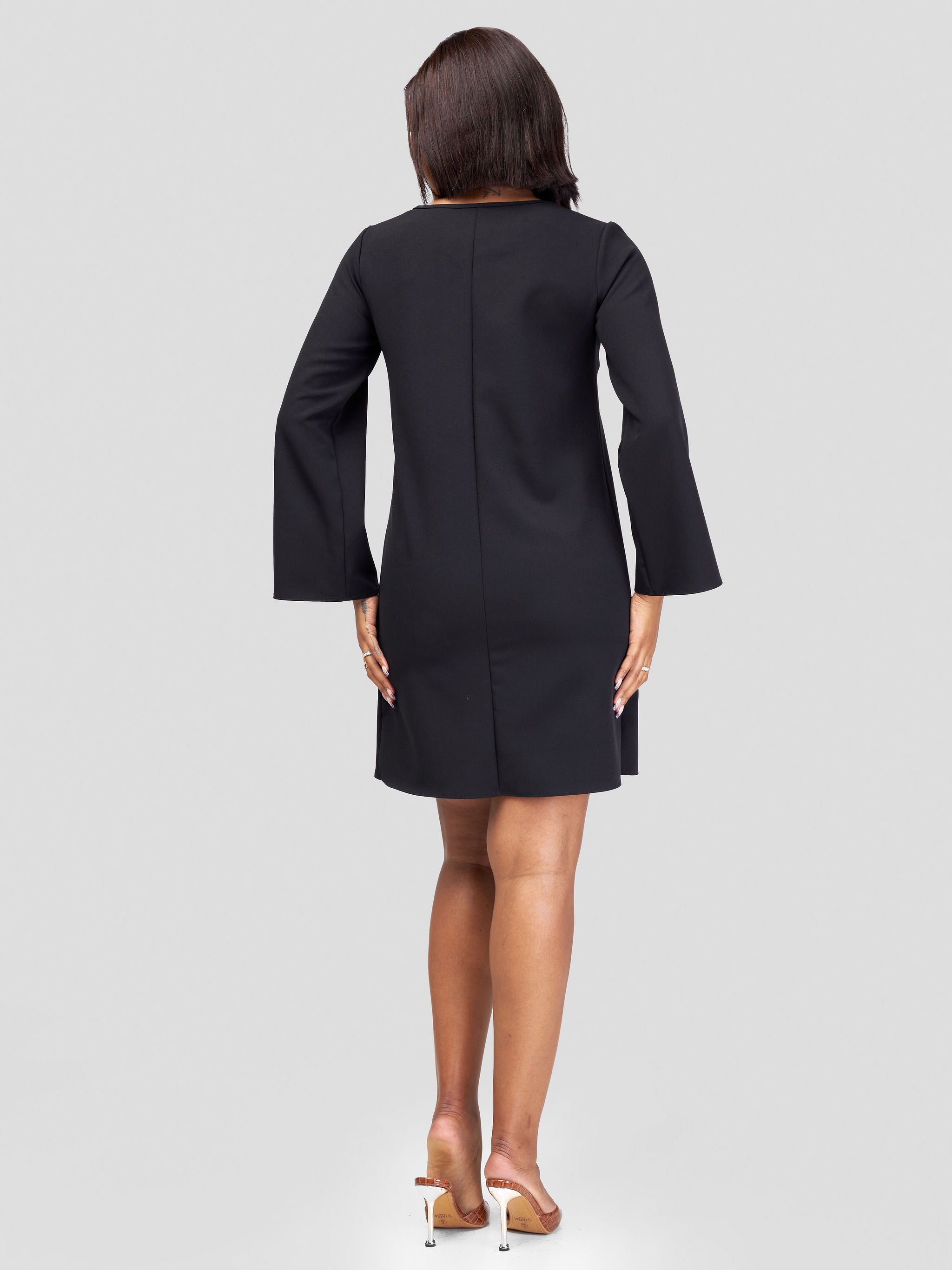 Vivo Jasiri Bell Sleeve Mini Shift Dress - Black (Stretch Rayon)