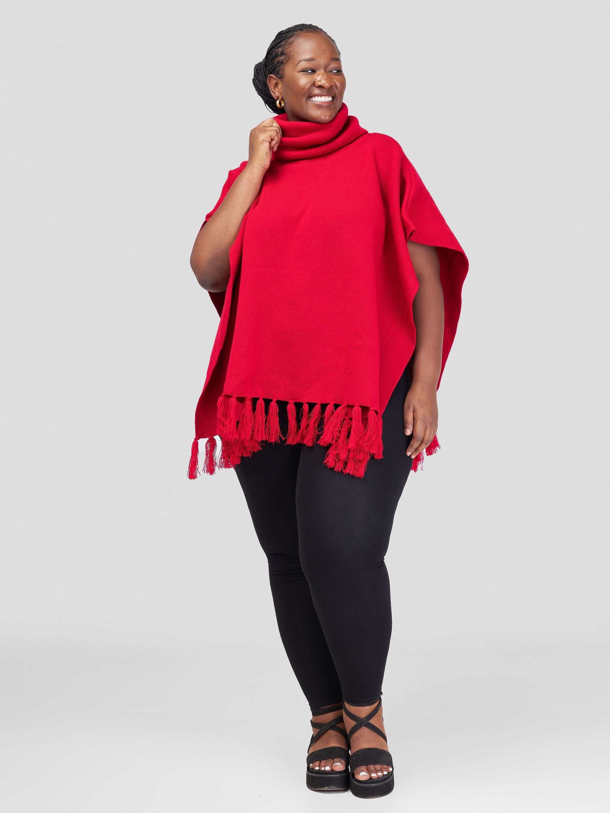 Vivo Turtleneck Knit Fringe Poncho - Dark Red