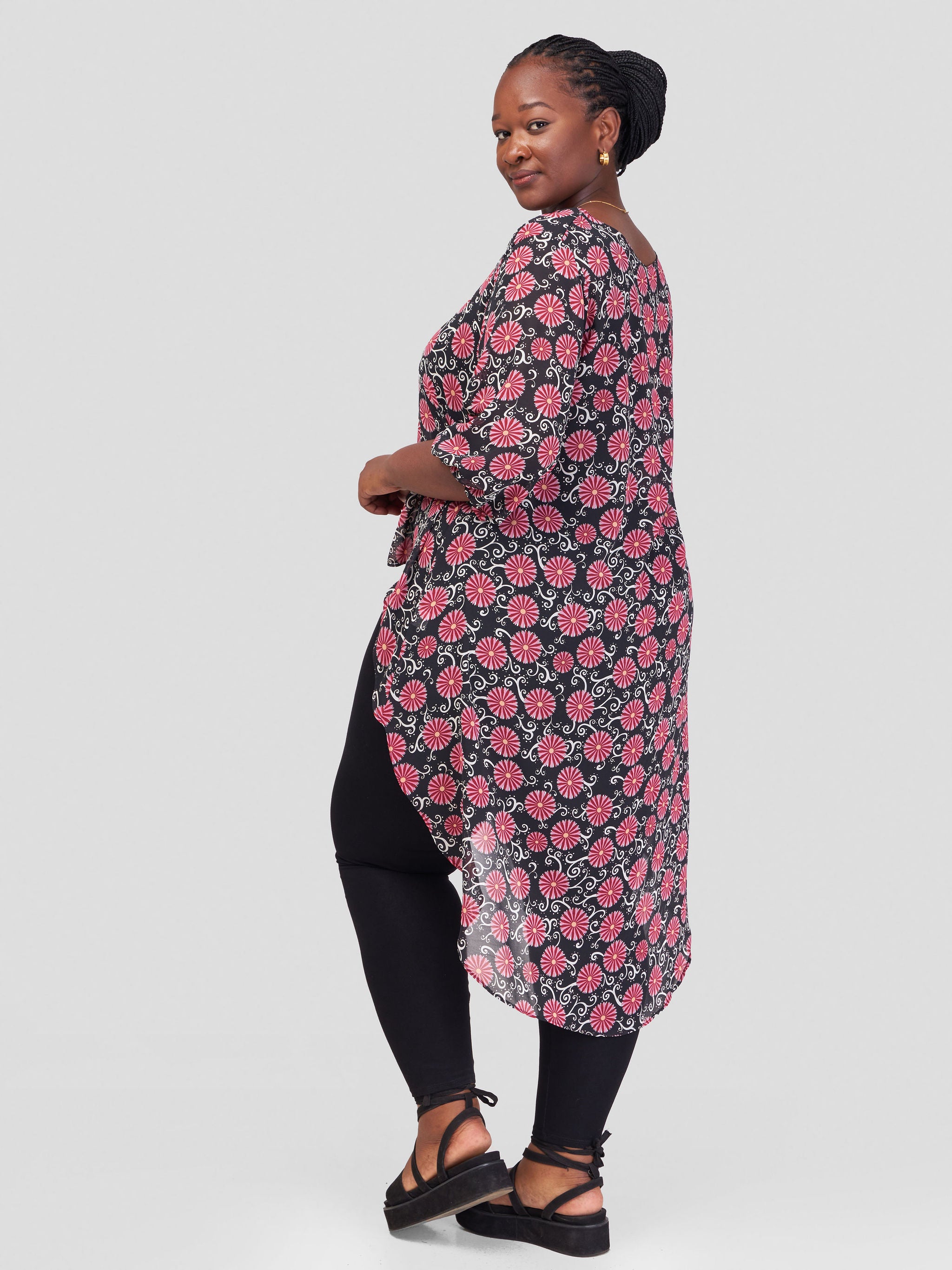 Vivo Basic Nalia High-low Chiffon Top - Black / Pink Floral Print