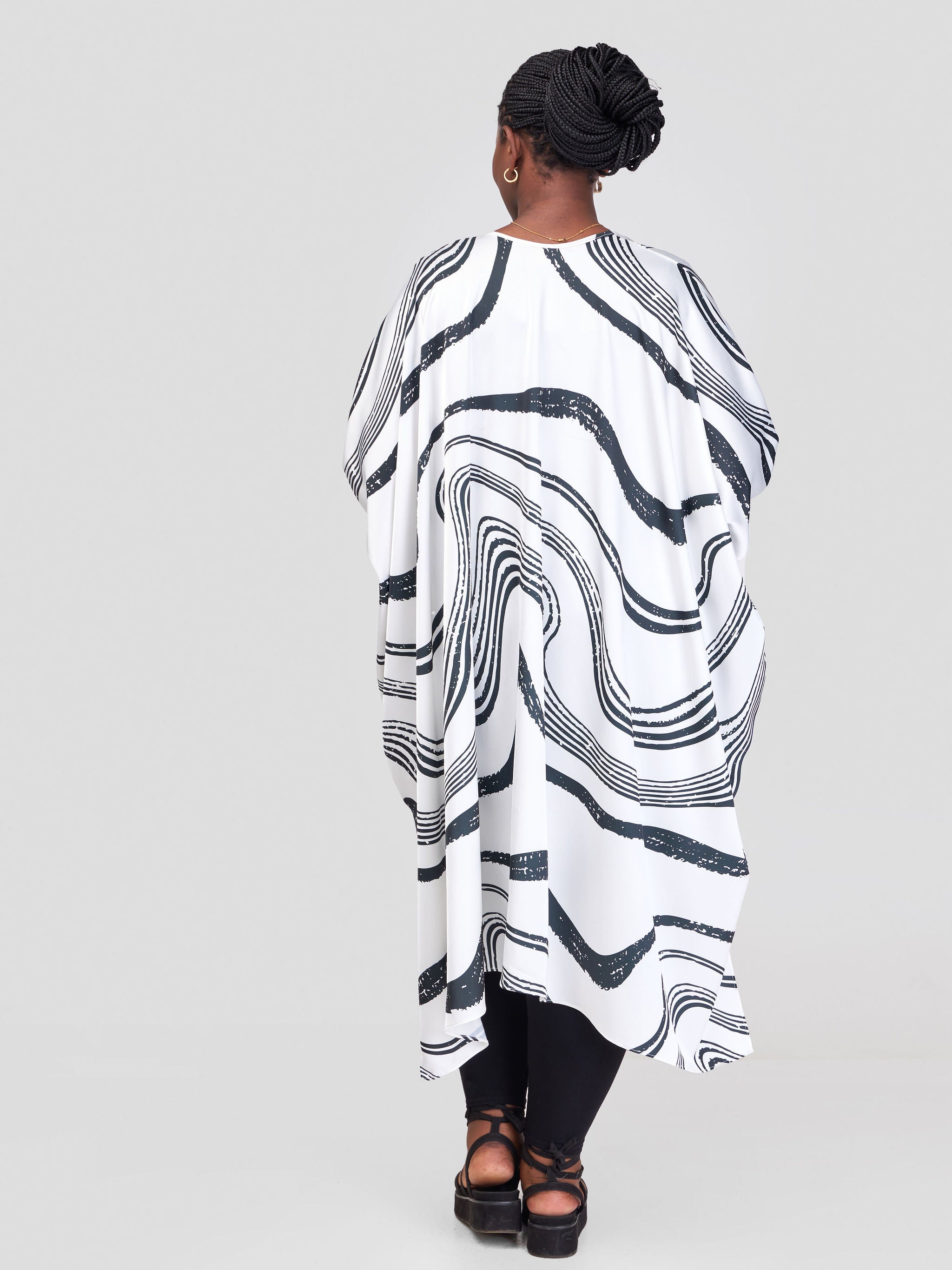 Vivo Asika Satin Handkerchief Drape Kimono - Off White / Black Abstract Print