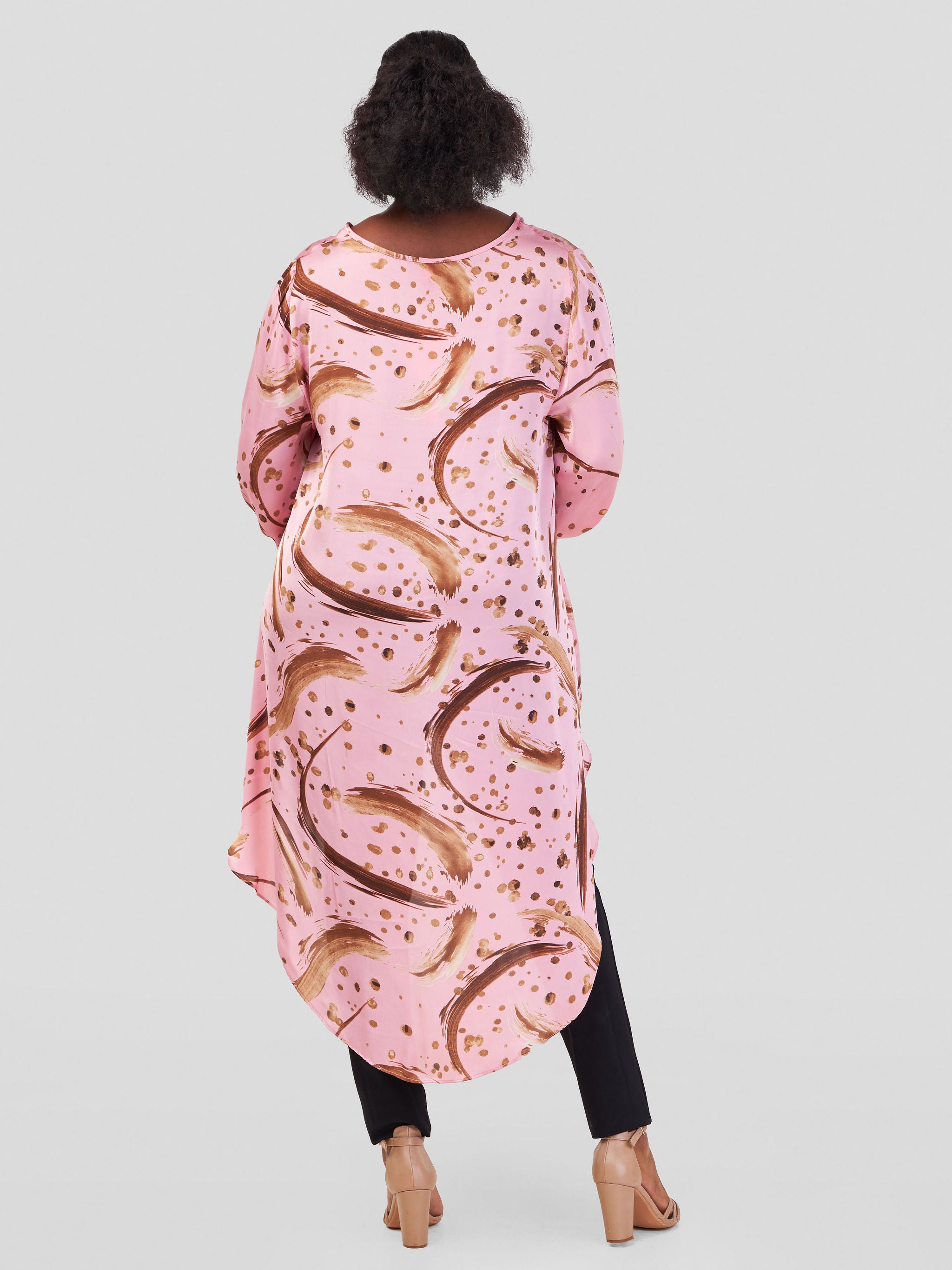 Vivo Basic Nalia Satin High Low Top - Pink / Brown Abstract Print