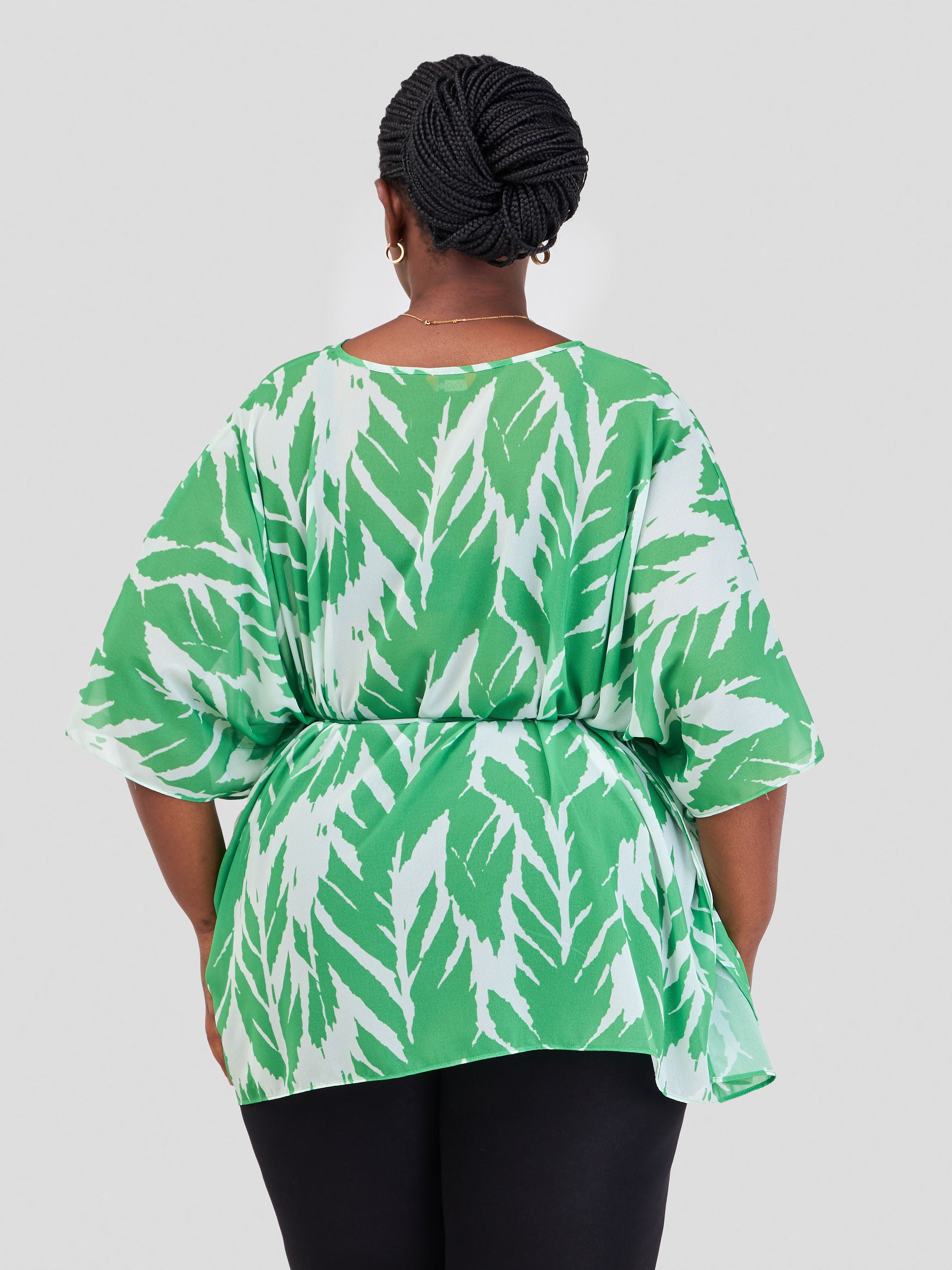 Vivo Basic Chiffon Tie Kaftan Top - Green / White Leaf Print