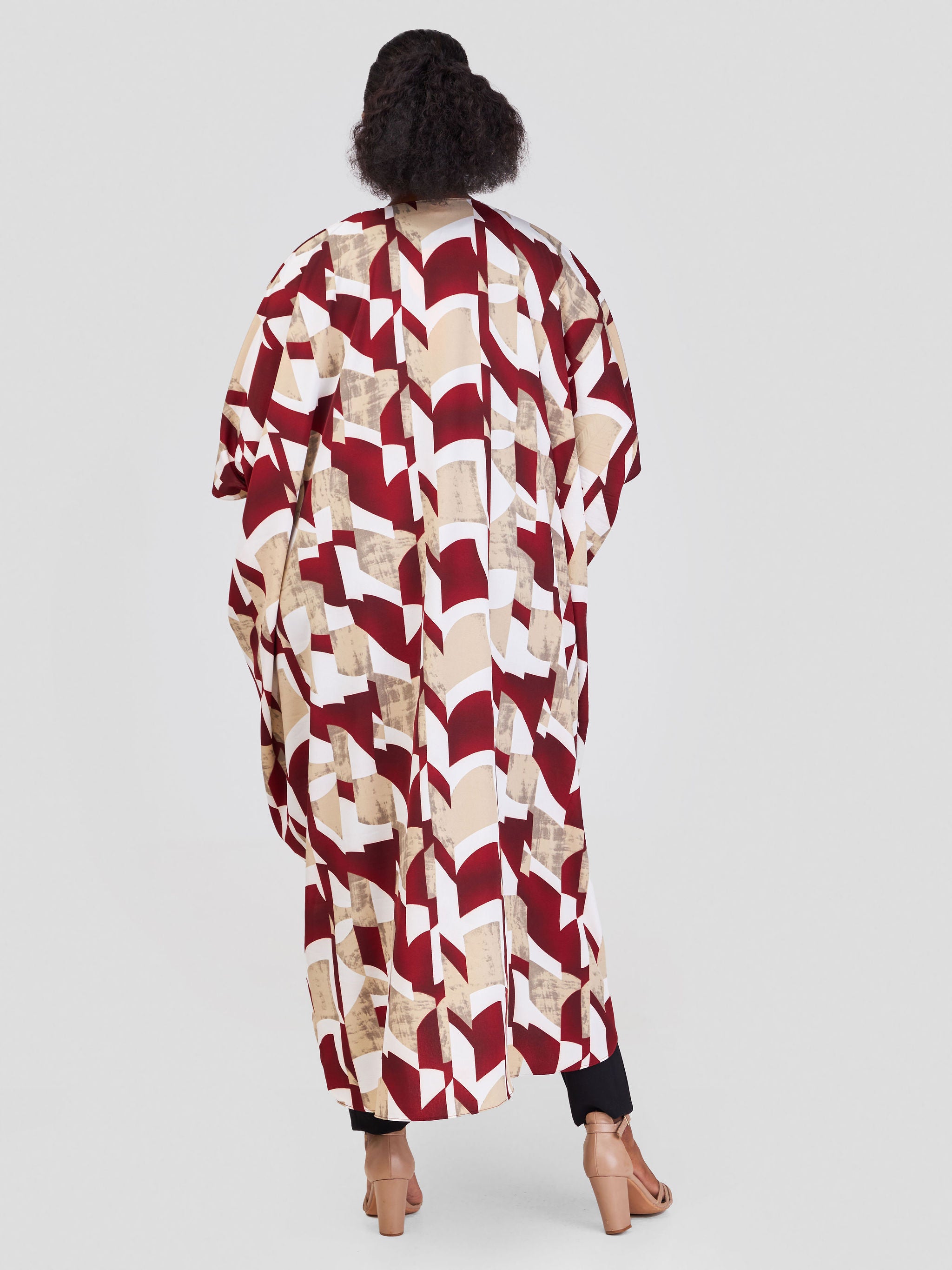 Vivo Malindi Maxi Kimono - Taupe / Burgundy Abstract Print