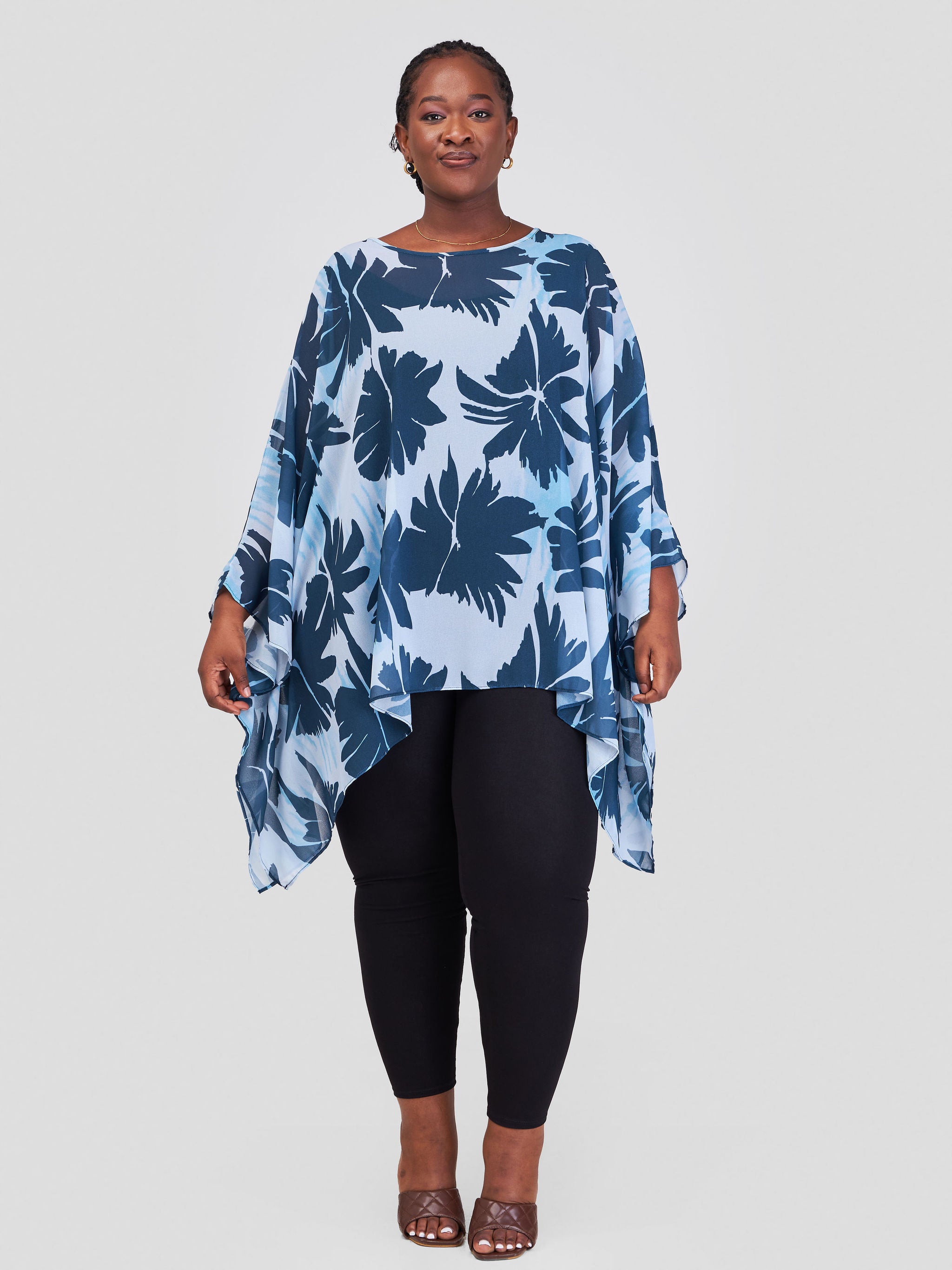 Vivo Basic Slit Sleeve Loose Top - Navy / White Floral Print