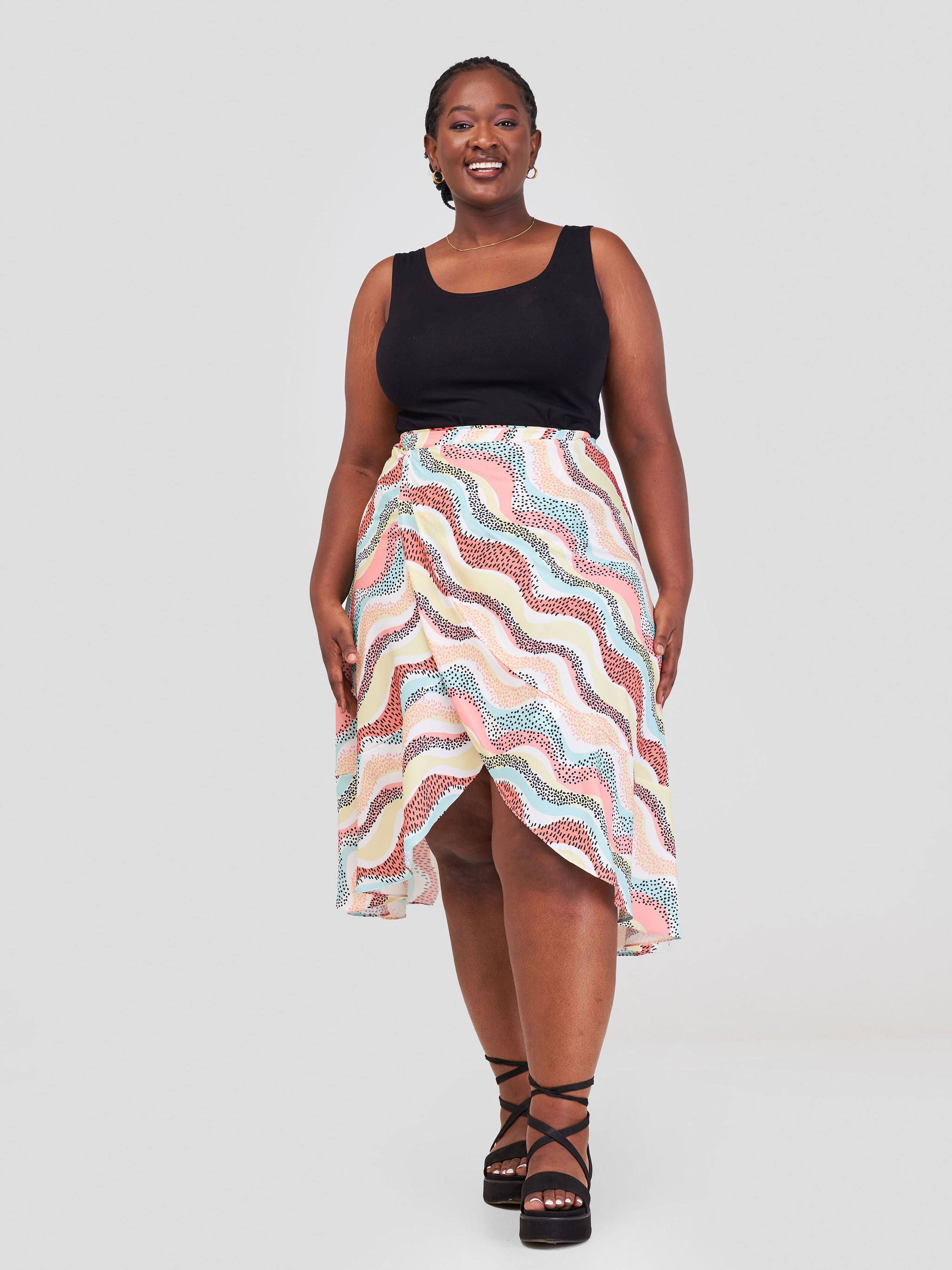 Vivo Malindi Flounce Wrap Skirt - Pink / Yellow Abstract Print