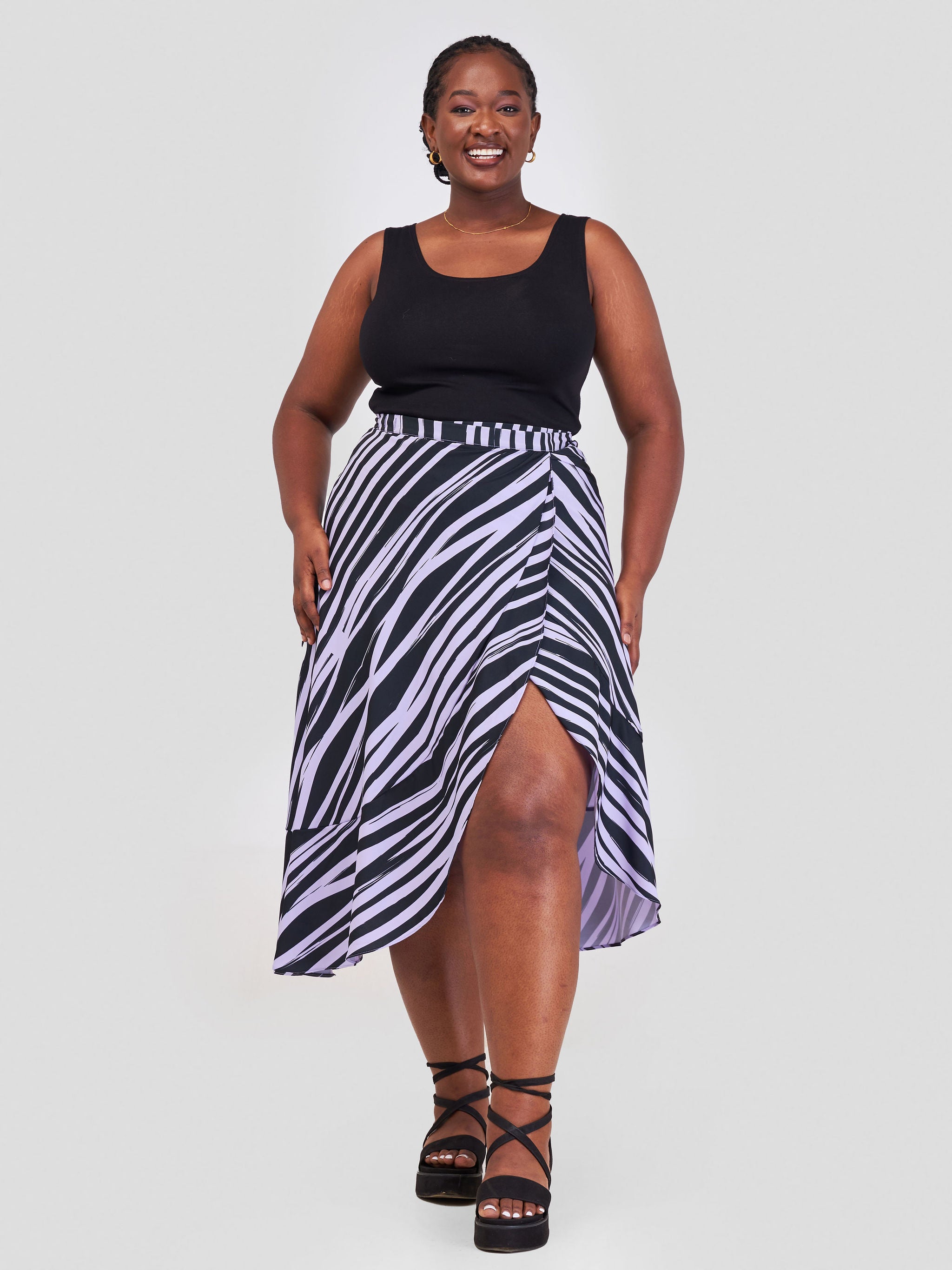 Vivo Malindi Flounce Wrap Skirt - Purple / Black Stripes Print