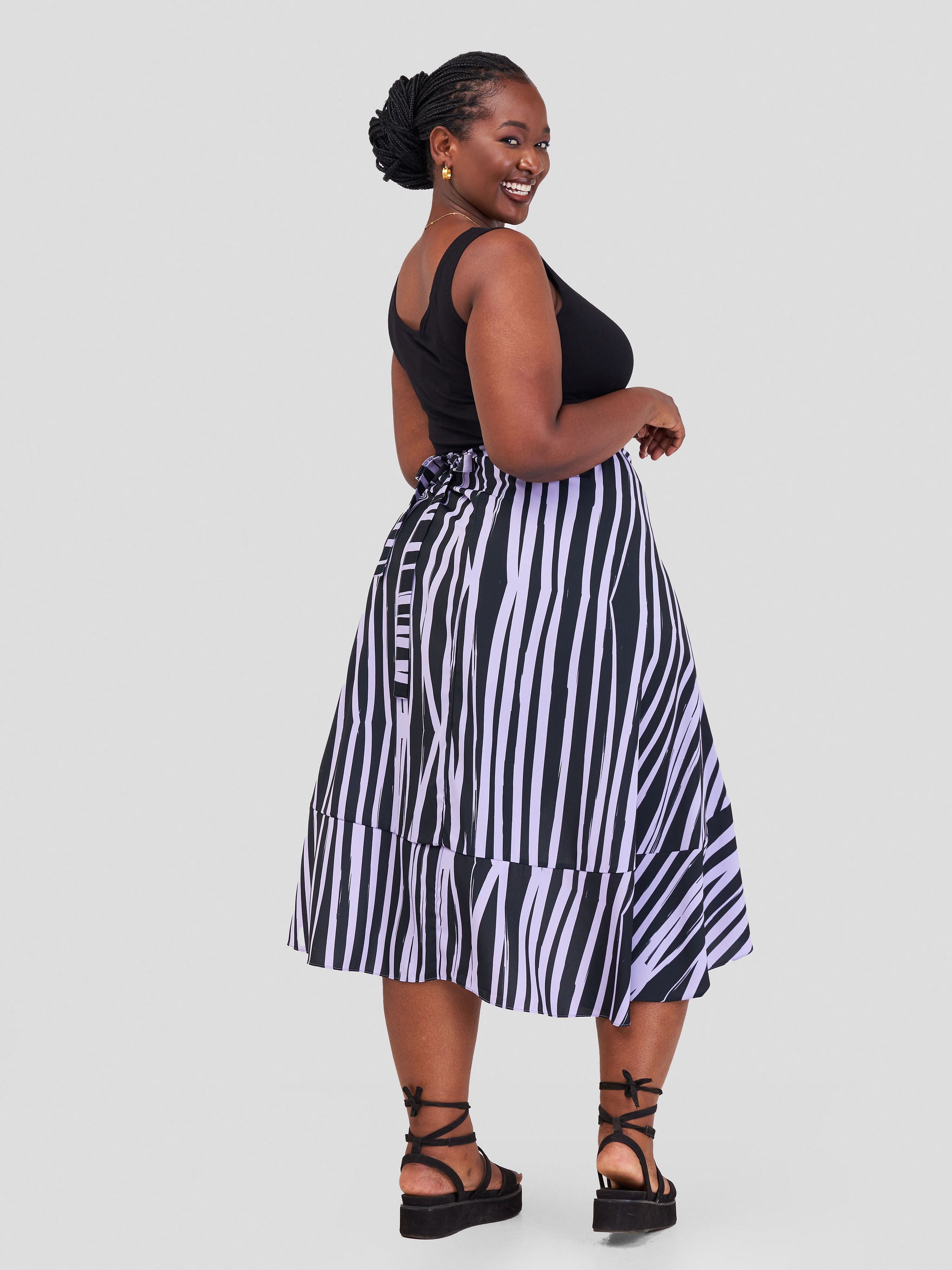 Vivo Malindi Flounce Wrap Skirt - Purple / Black Stripes Print