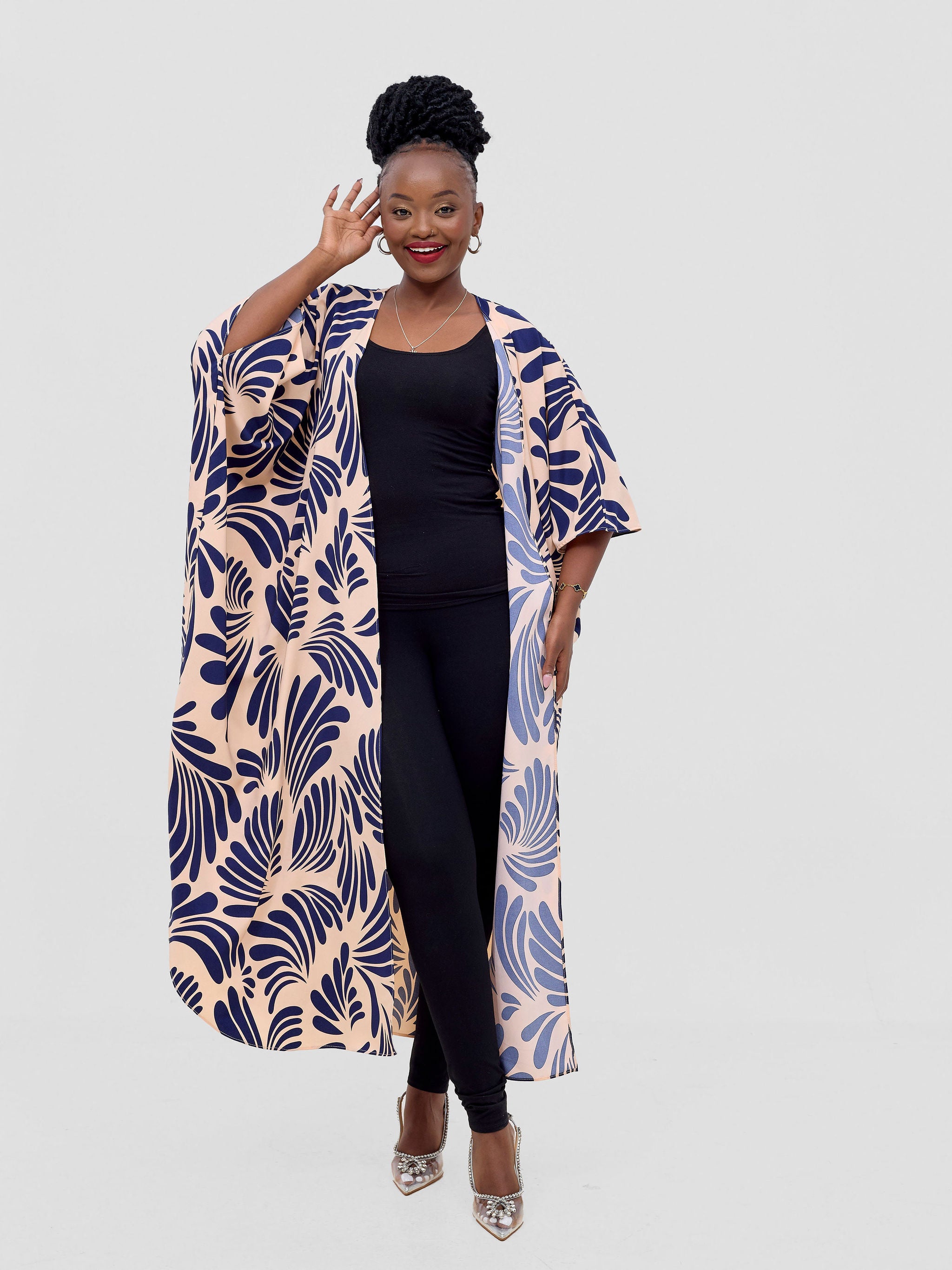 Vivo Basic Open Kaftan - Peach / Navy Print