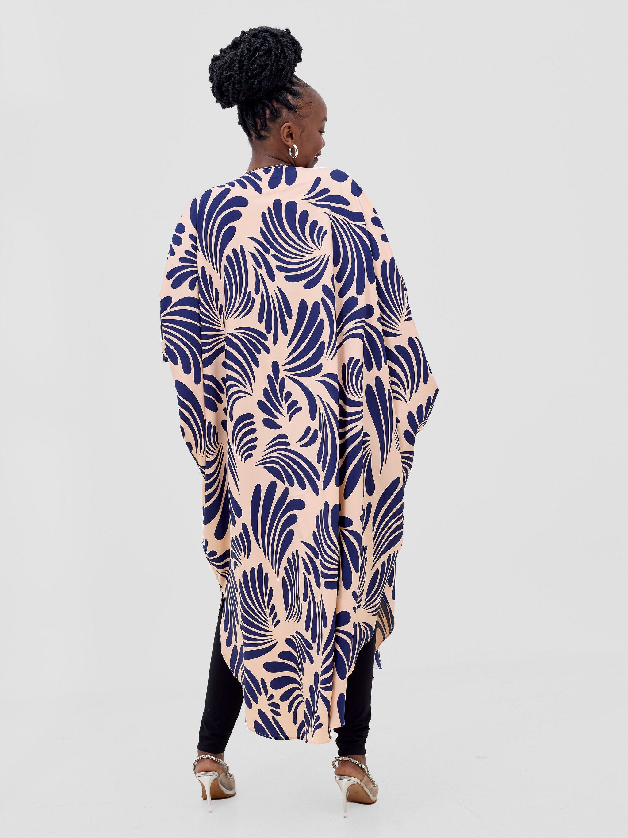 Vivo Basic Open Kaftan - Peach / Navy Print