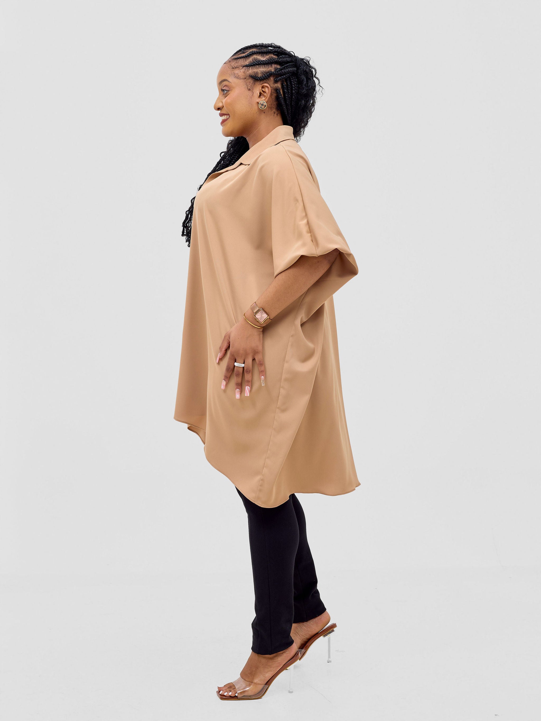 Vivo Ava Shirt Collar Tunic Top - Light Tan