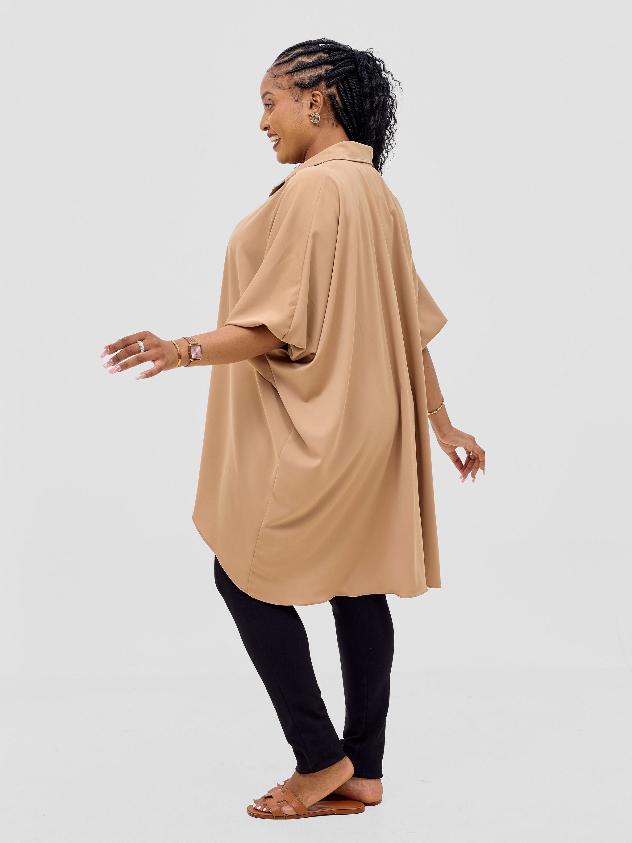 Vivo Ava Shirt Collar Tunic Top - Light Tan