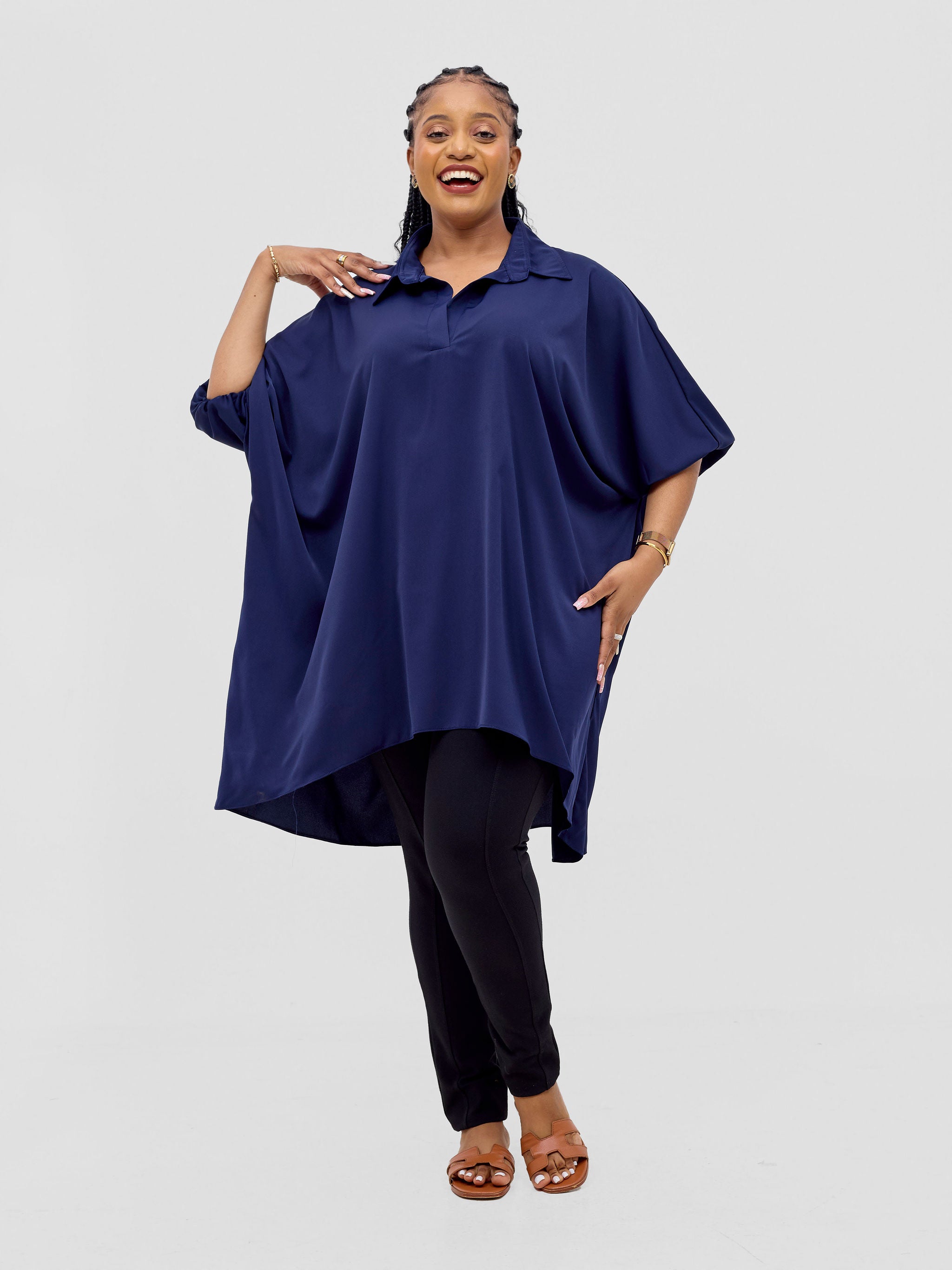 Vivo Ava Shirt Collar Tunic Top - Navy Blue