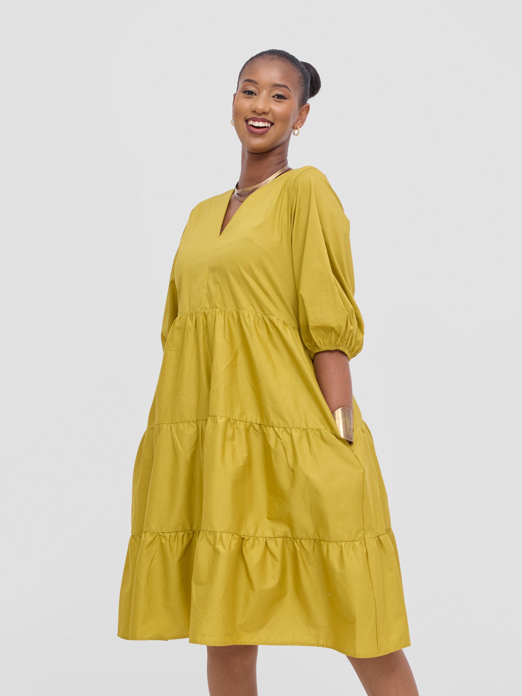 Safari Tawi Bishop Sleeve Tiered Dress - Olive
