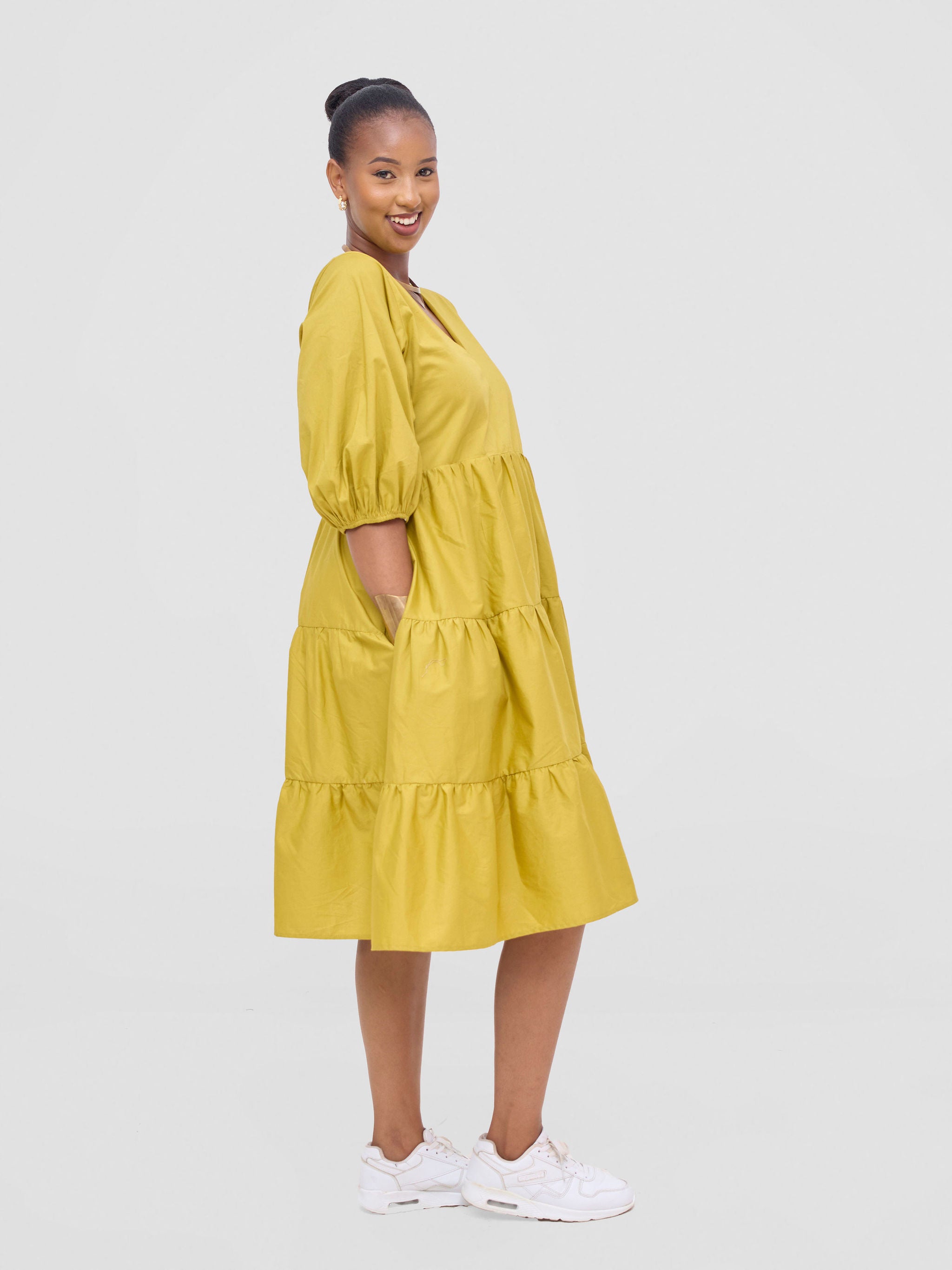 Safari Tawi Bishop Sleeve Tiered Dress - Olive