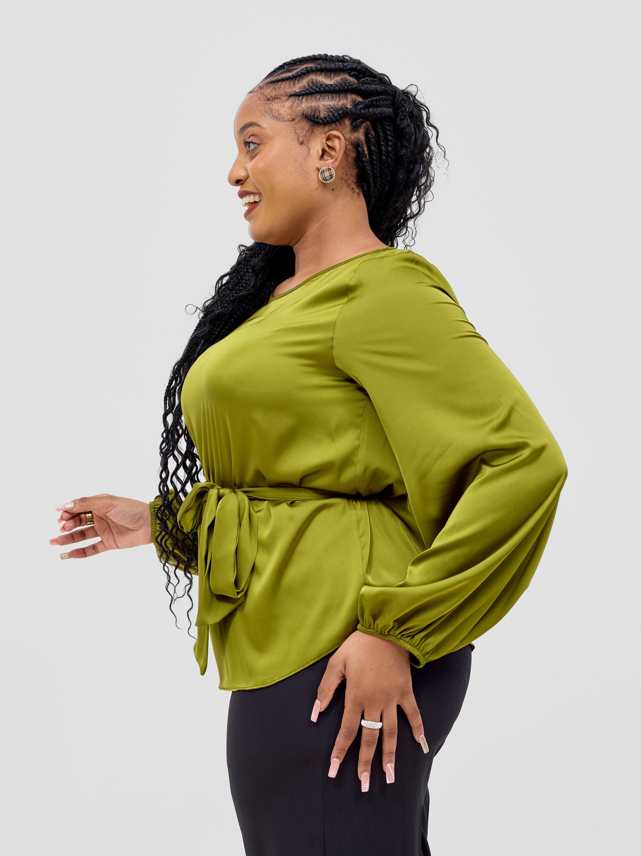 Vivo Basic Satin Bishop Sleeved Top - Olive