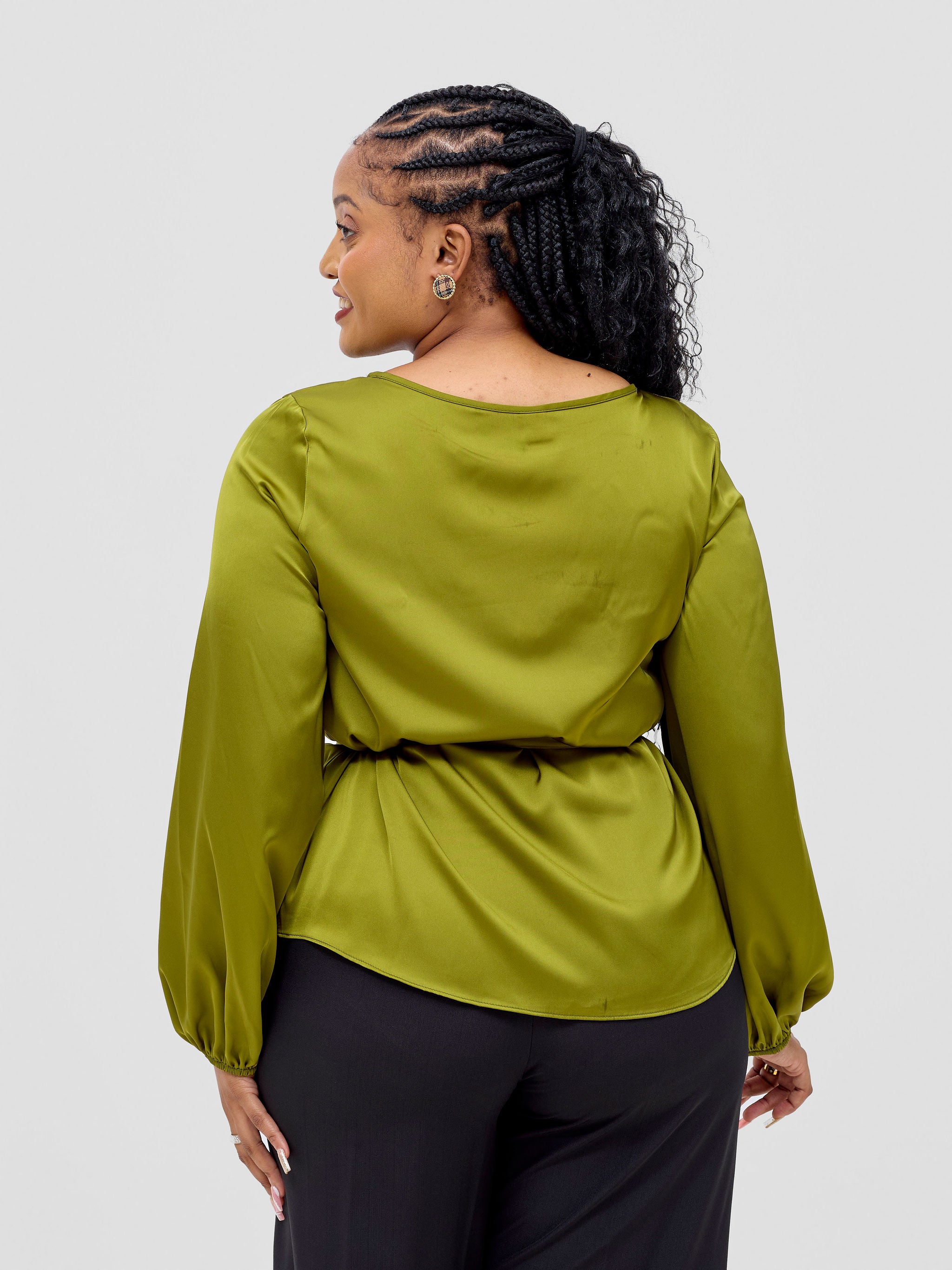 Vivo Basic Satin Bishop Sleeved Top - Olive