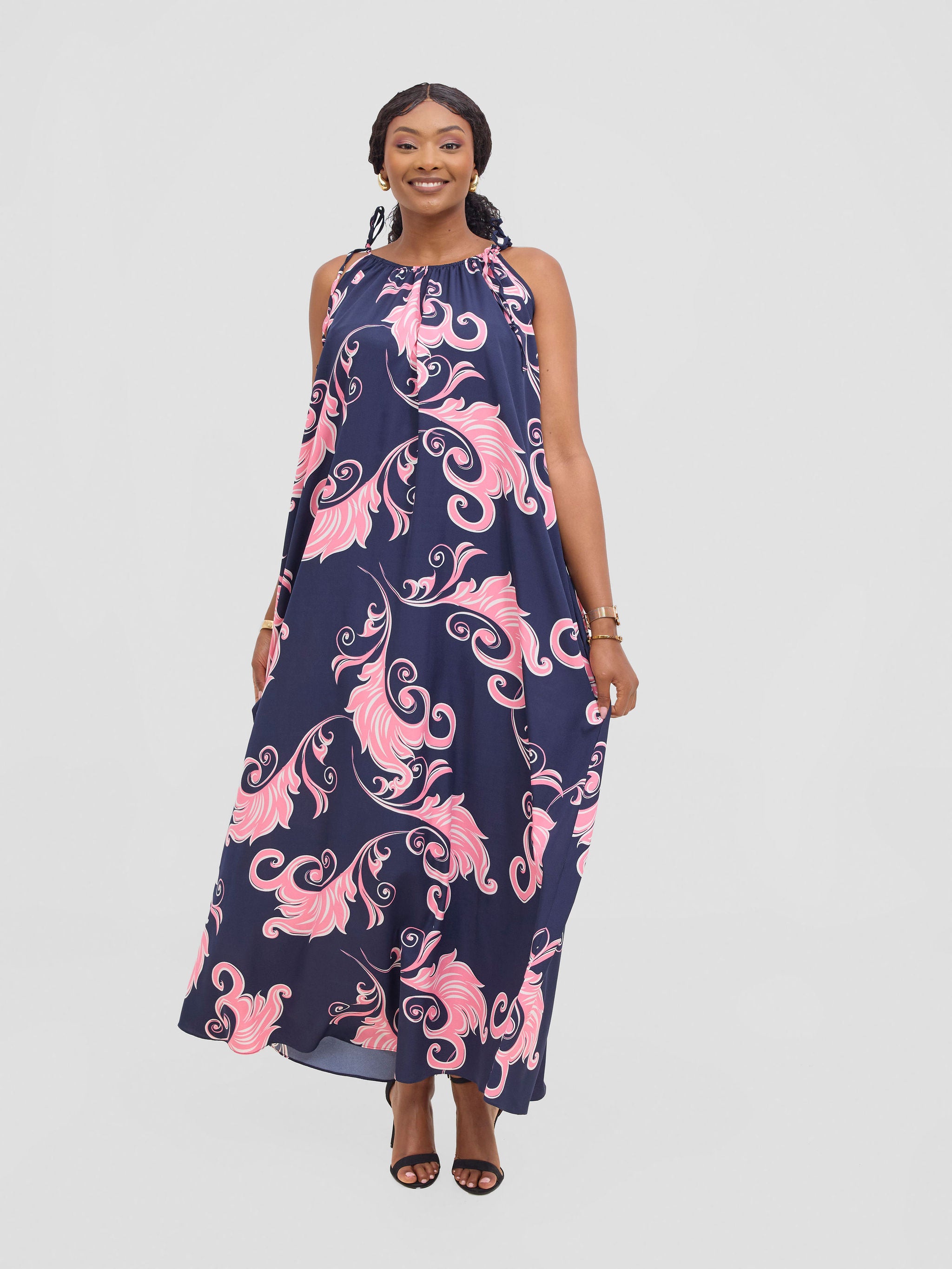 Vivo Maisha Strappy Maxi Cover Up Dress - Navy / Pink Print