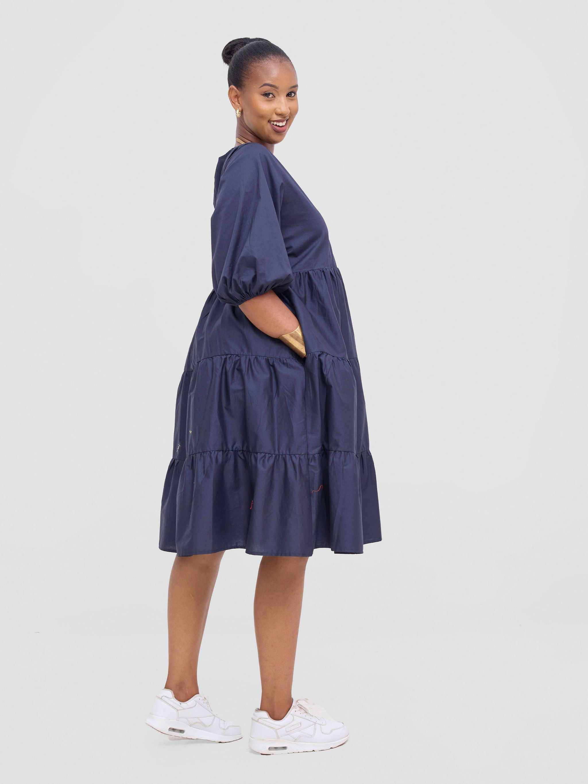 Safari Tawi Bishop Sleeve Tiered Dress - Navy