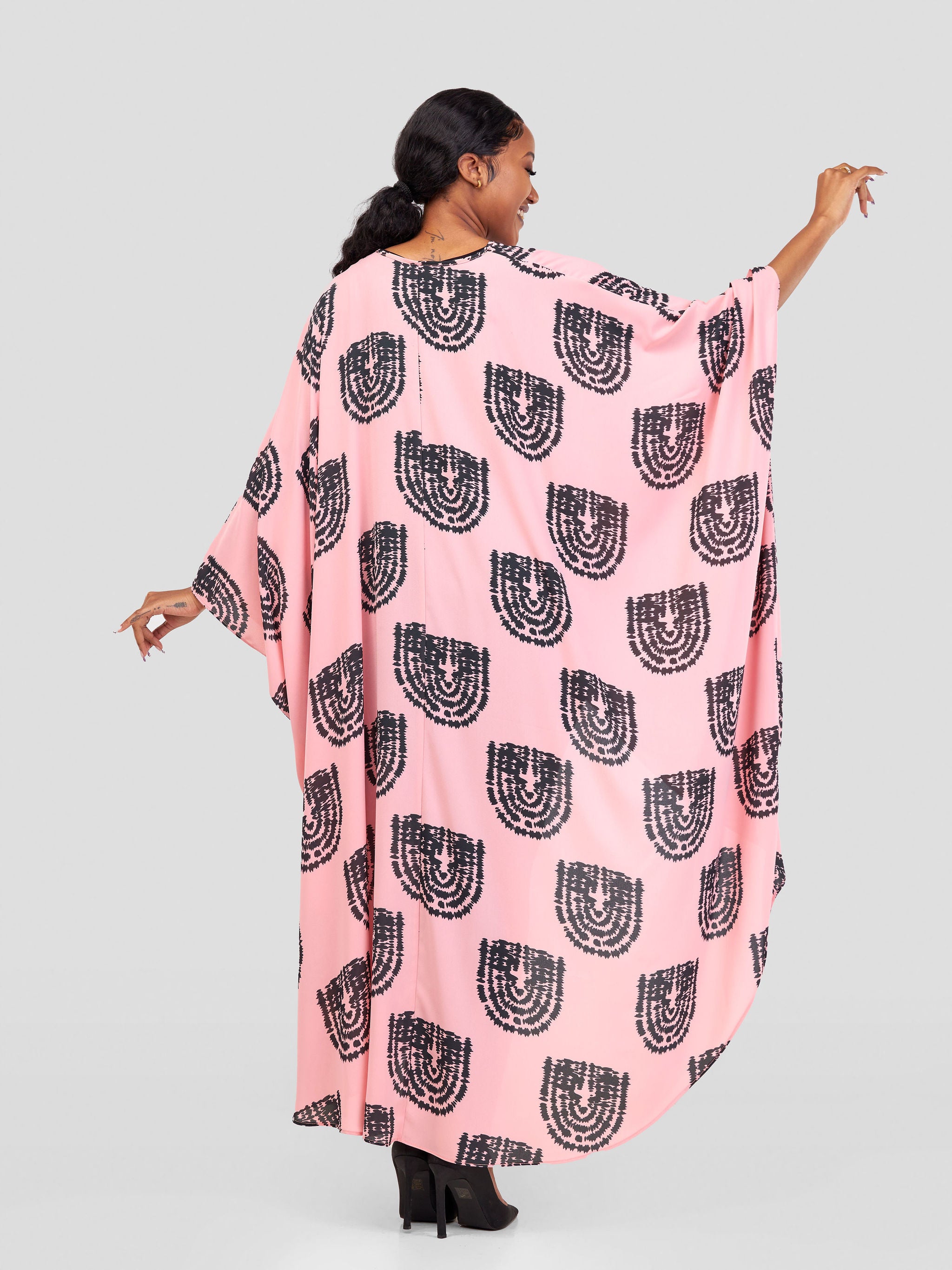 Vivo Malindi V-Neck High Low Kaftan Top - Light Pink / Black Print