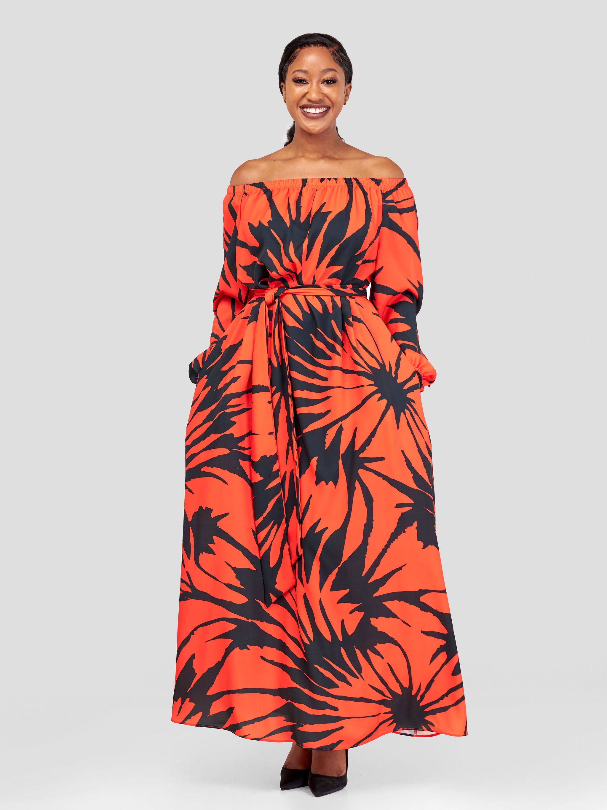 Vivo Yumi Off Shoulder Maxi Dress Black Red Floral Print Vivo Fashion Group Kenya