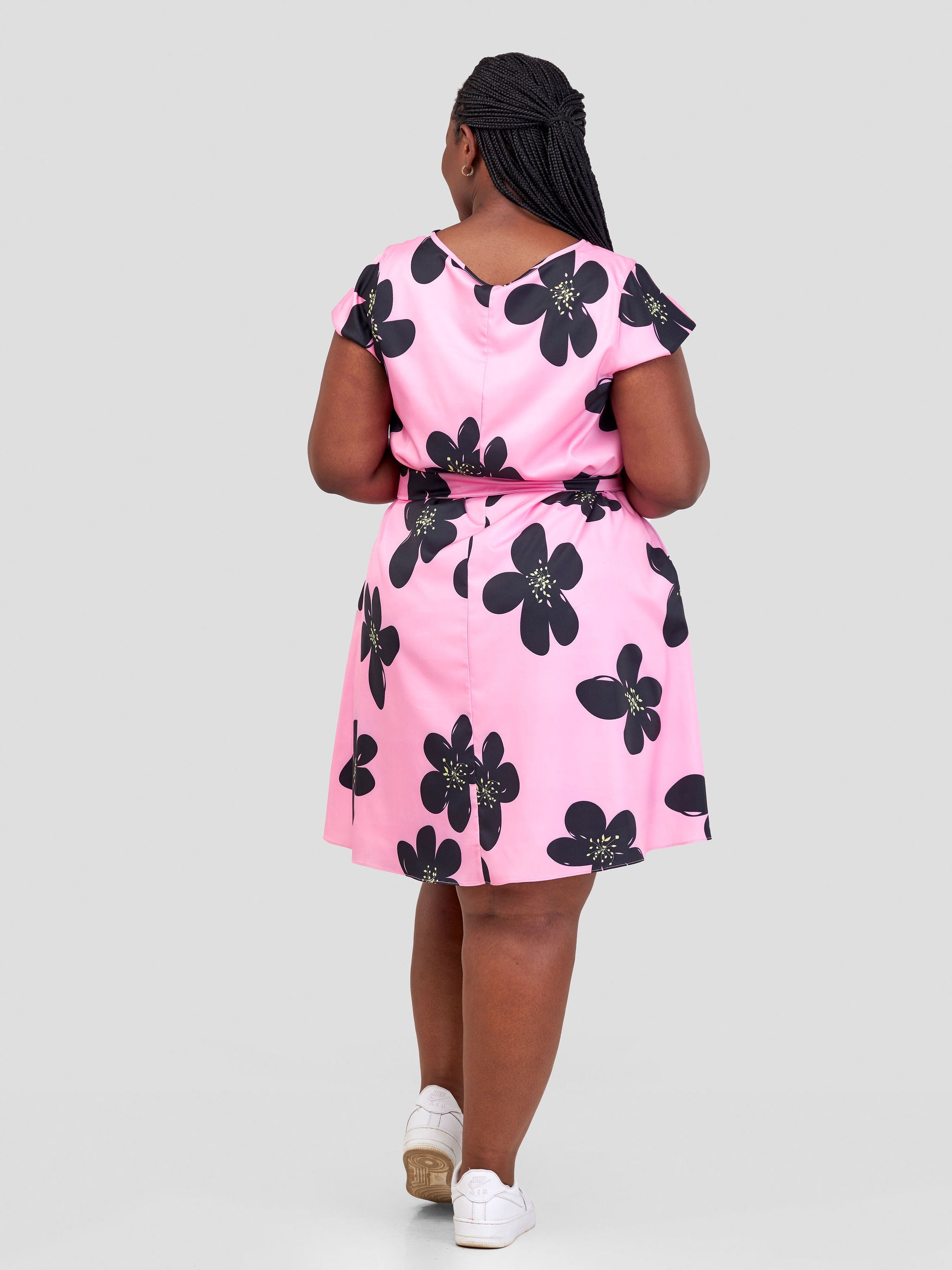 Vivo Basic Cap Sleeve Knee Length Dress - Pink / Black Floral Print