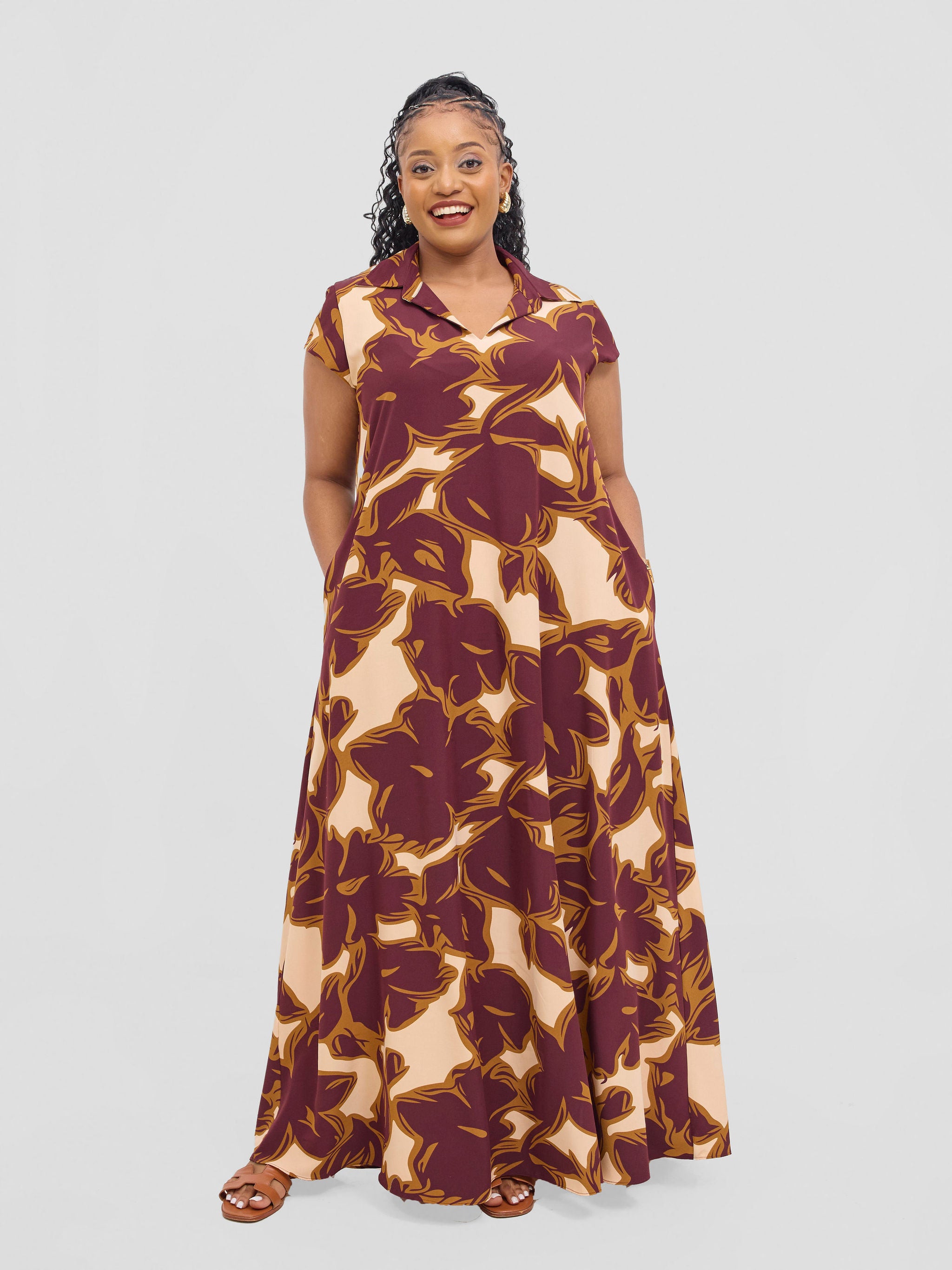 Vivo Zuri Cap Sleeved Maxi Dress - Burgundy / Rust Uri Print