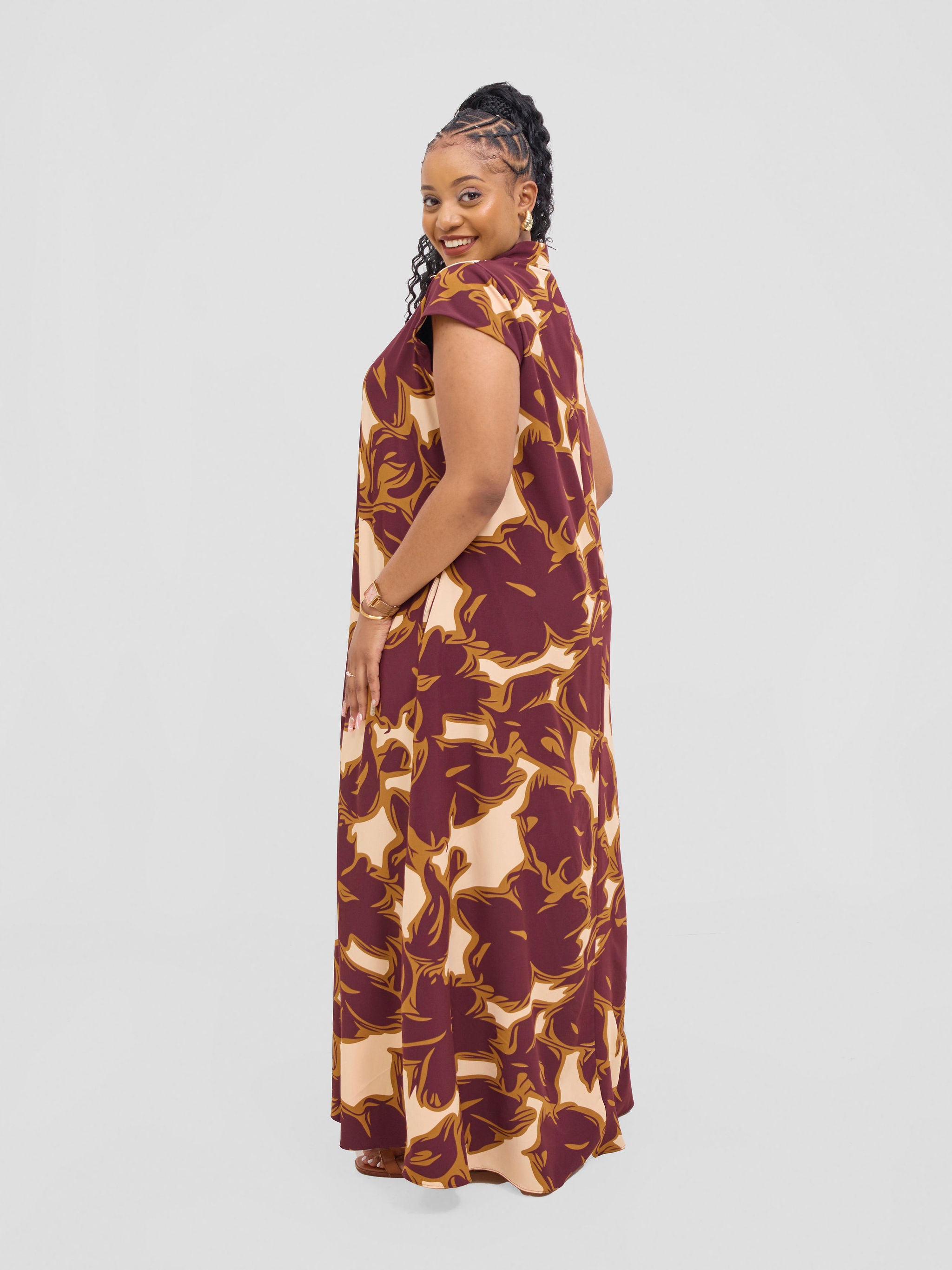 Vivo Zuri Cap Sleeved Maxi Dress - Burgundy / Rust Uri Print