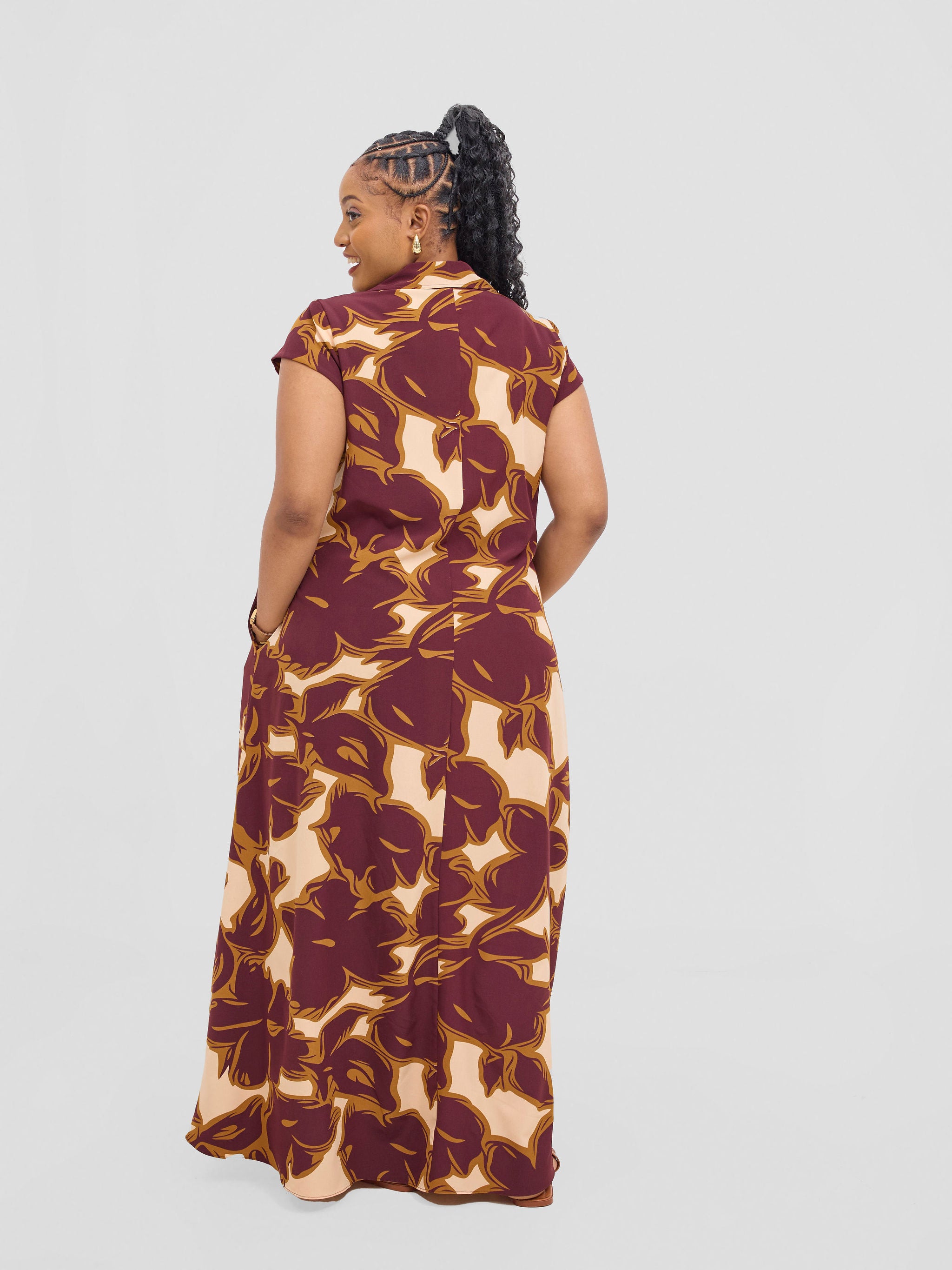 Vivo Zuri Cap Sleeved Maxi Dress - Burgundy / Rust Uri Print