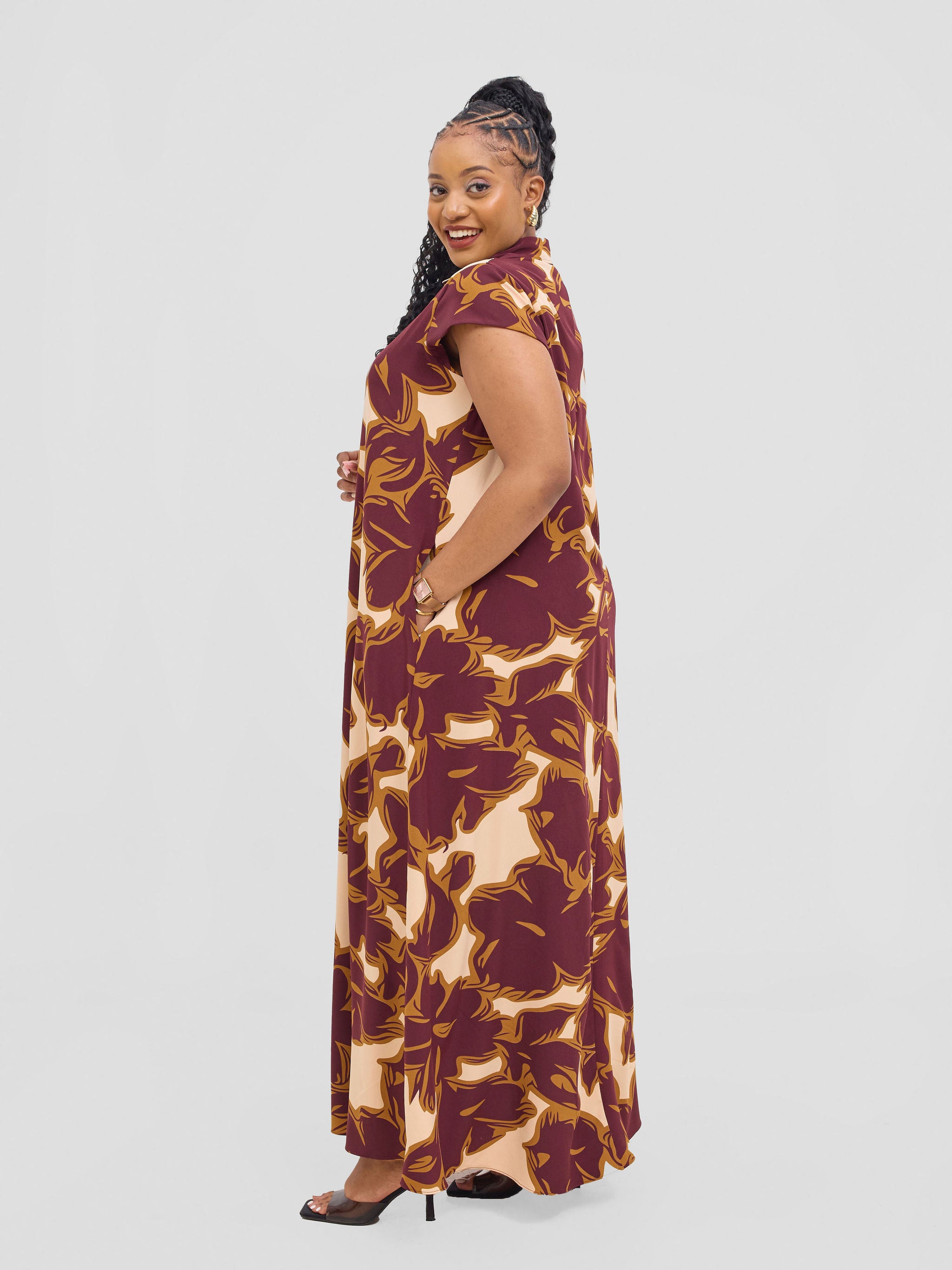 Vivo Zuri Cap Sleeved Maxi Dress - Burgundy / Rust Uri Print