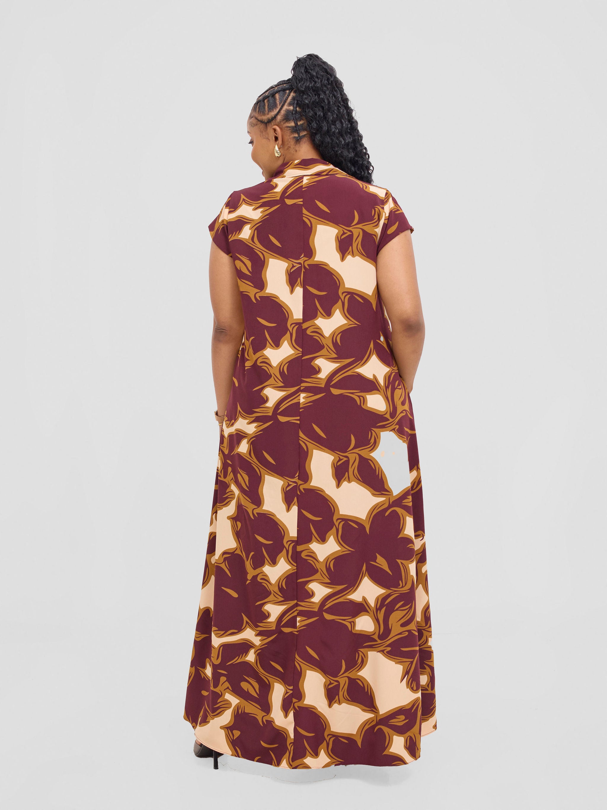 Vivo Zuri Cap Sleeved Maxi Dress - Burgundy / Rust Uri Print