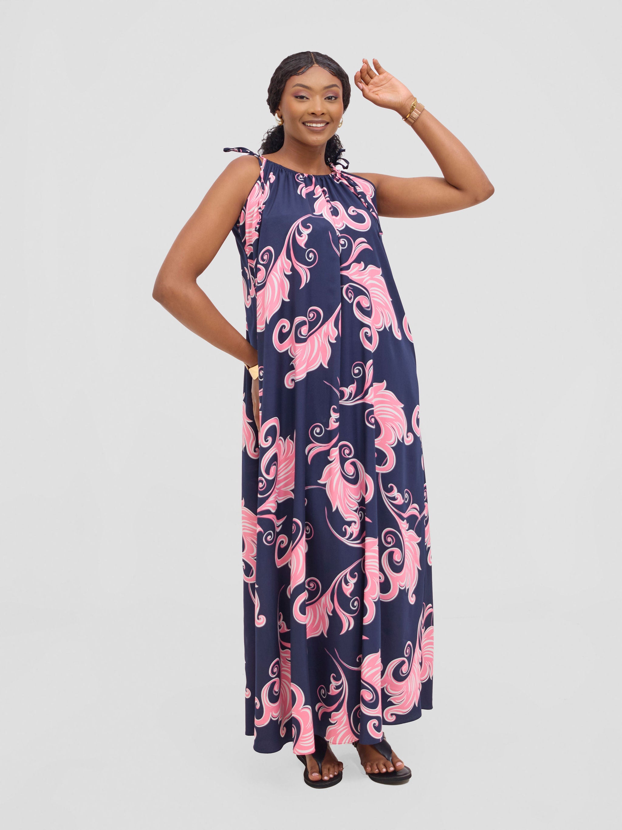 Vivo Maisha Strappy Maxi Cover Up Dress - Navy / Pink Print