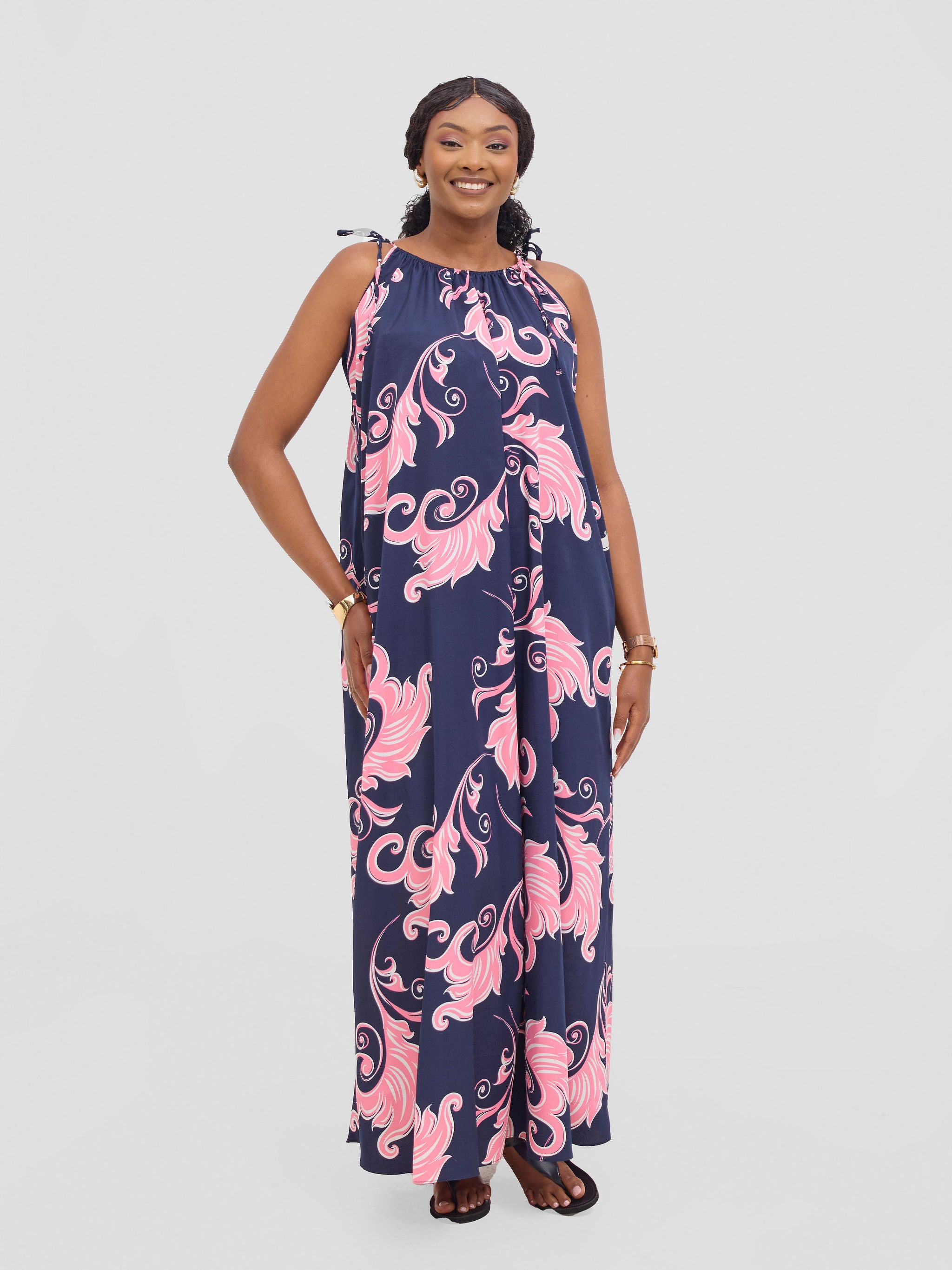 Vivo Maisha Strappy Maxi Cover Up Dress - Navy / Pink Print