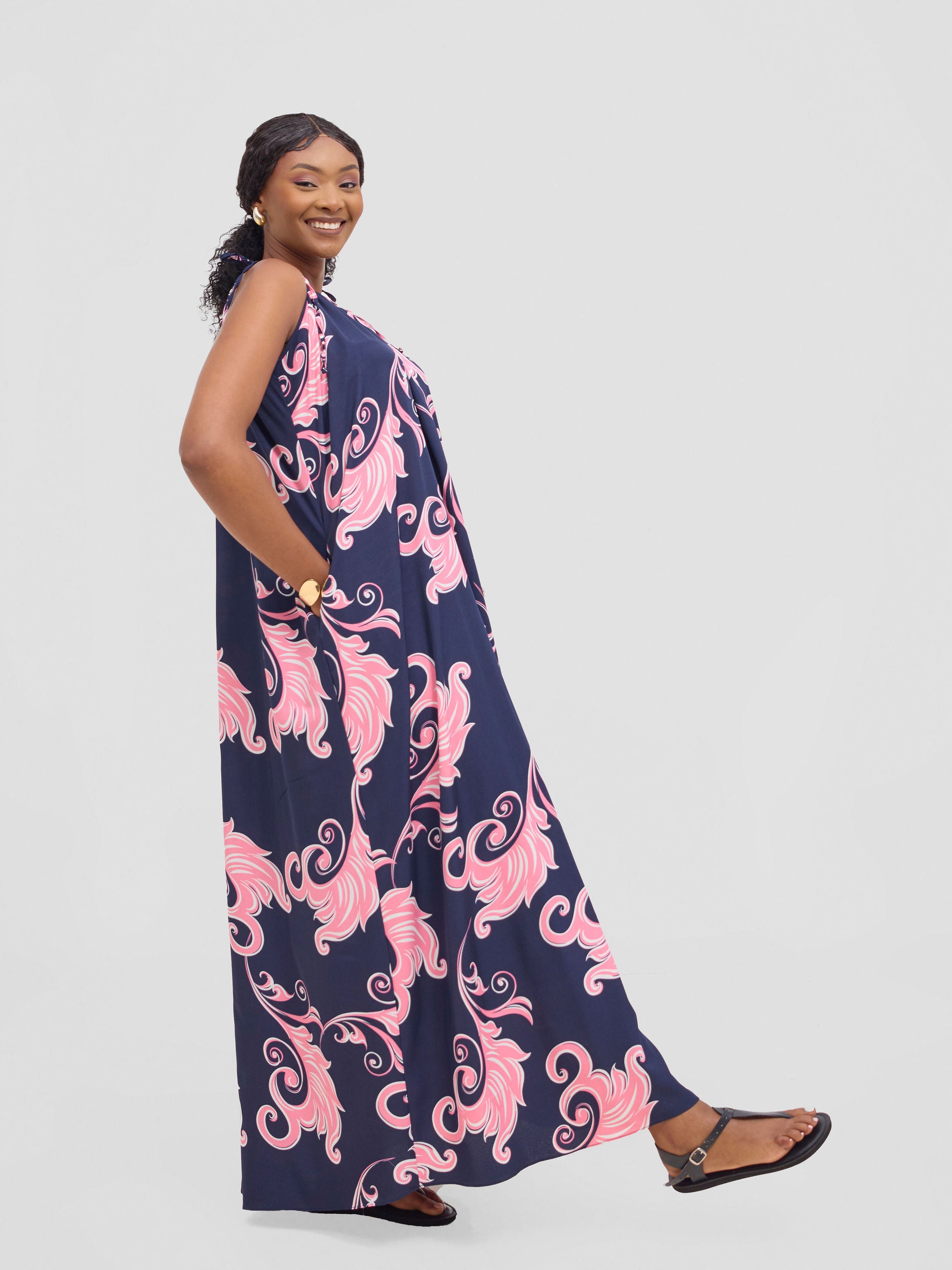 Vivo Maisha Strappy Maxi Cover Up Dress - Navy / Pink Print