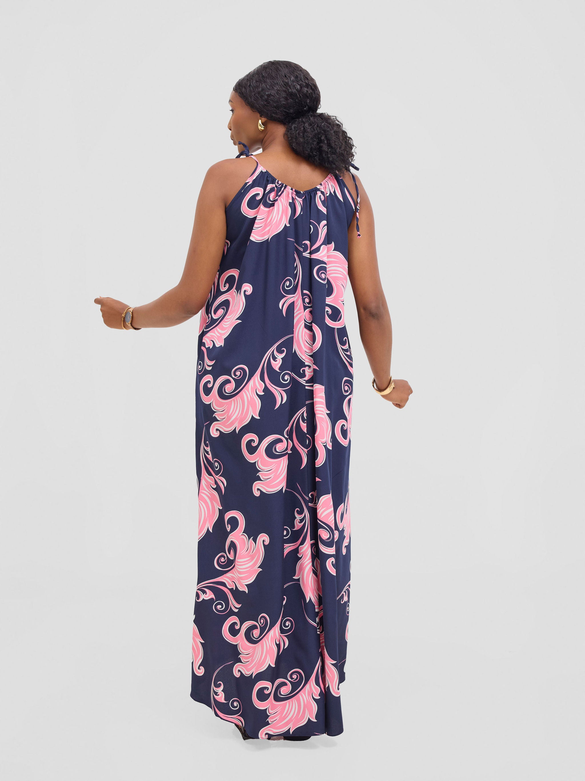 Vivo Maisha Strappy Maxi Cover Up Dress - Navy / Pink Print