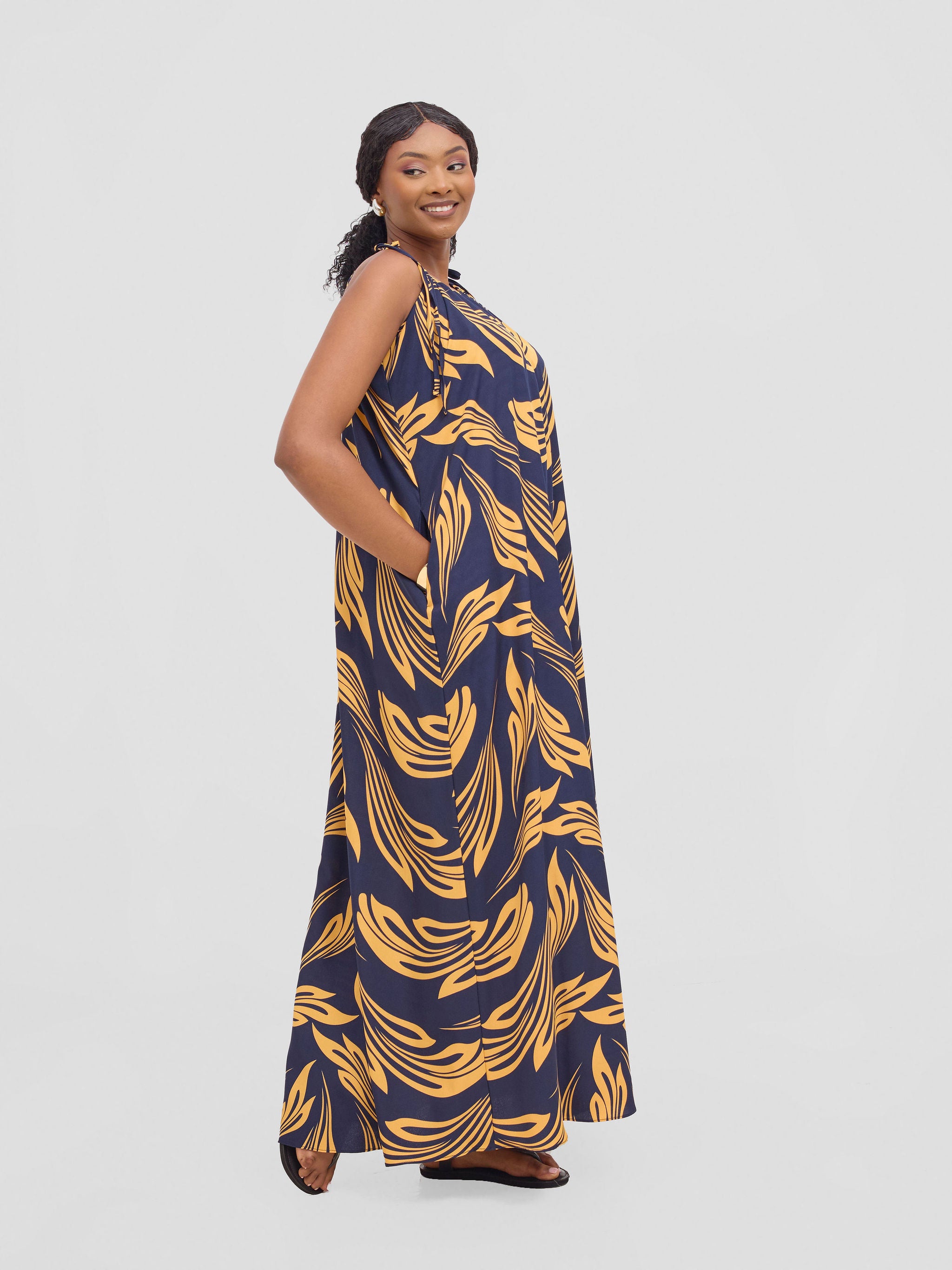 Vivo Maisha Strappy Maxi Cover Up Dress - Navy / Mustard Print