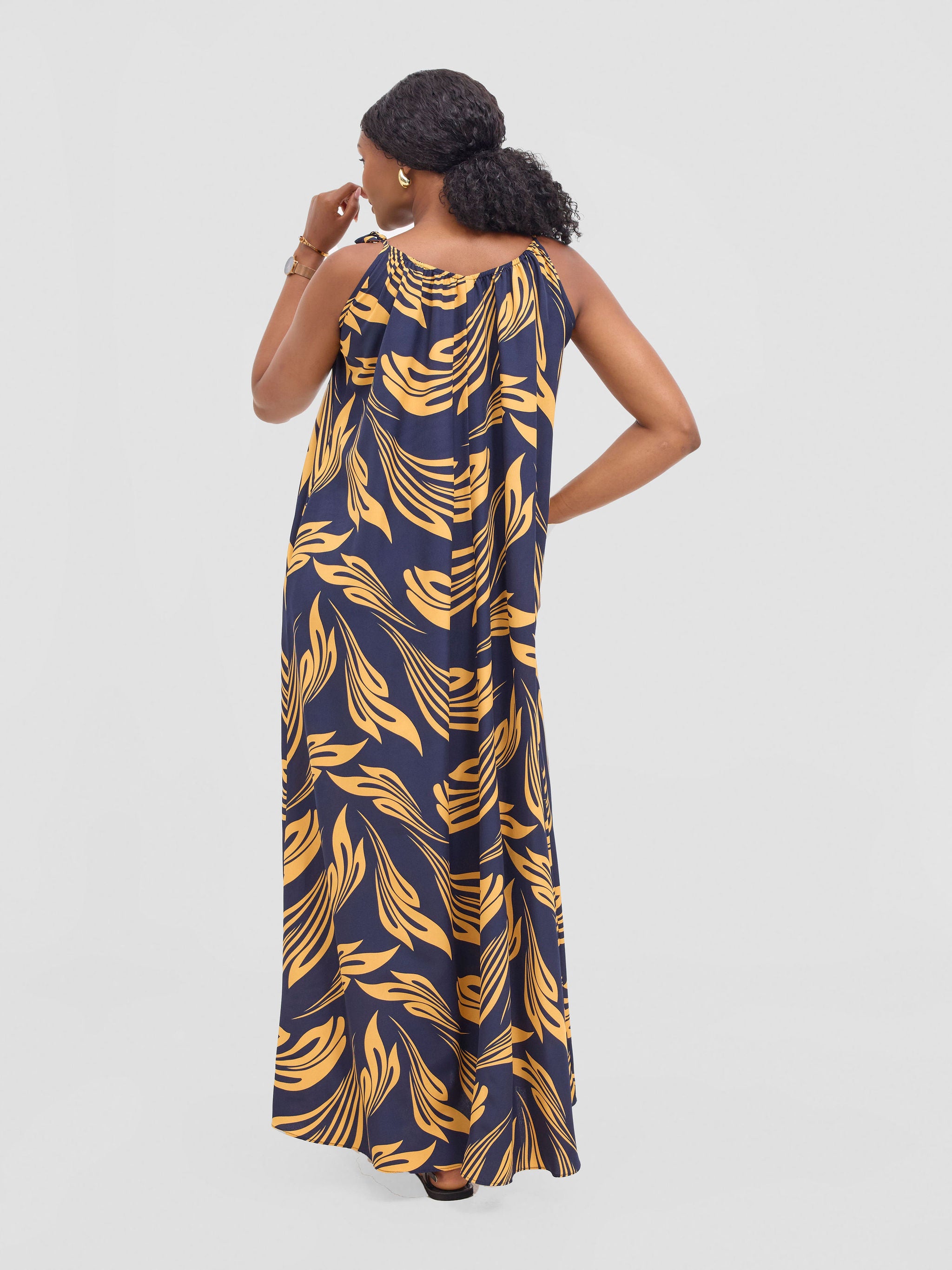 Vivo Maisha Strappy Maxi Cover Up Dress - Navy / Mustard Print