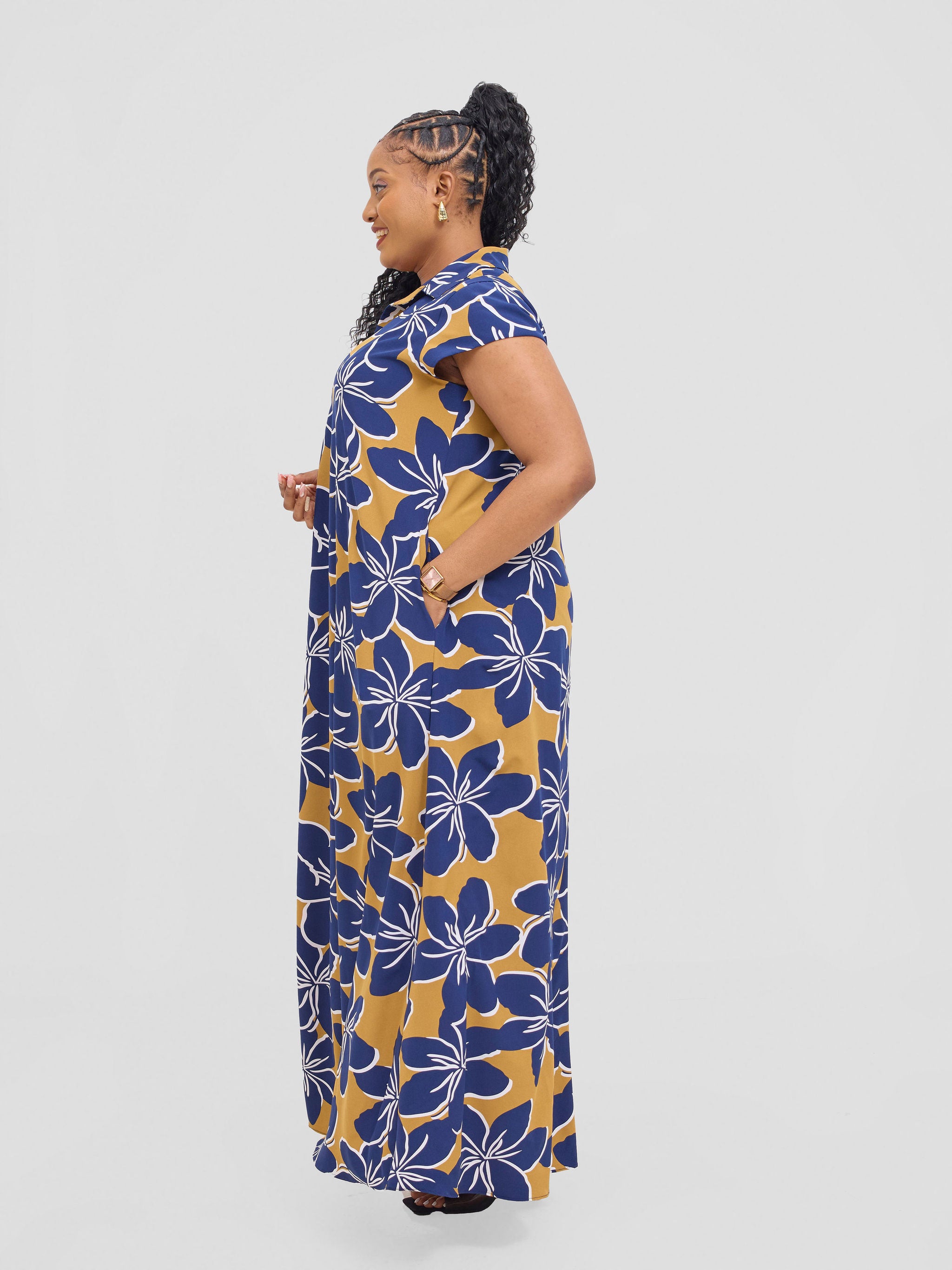 Vivo Zuri Cap Sleeved Maxi Dress - Navy / Dark Mustard Uri Print