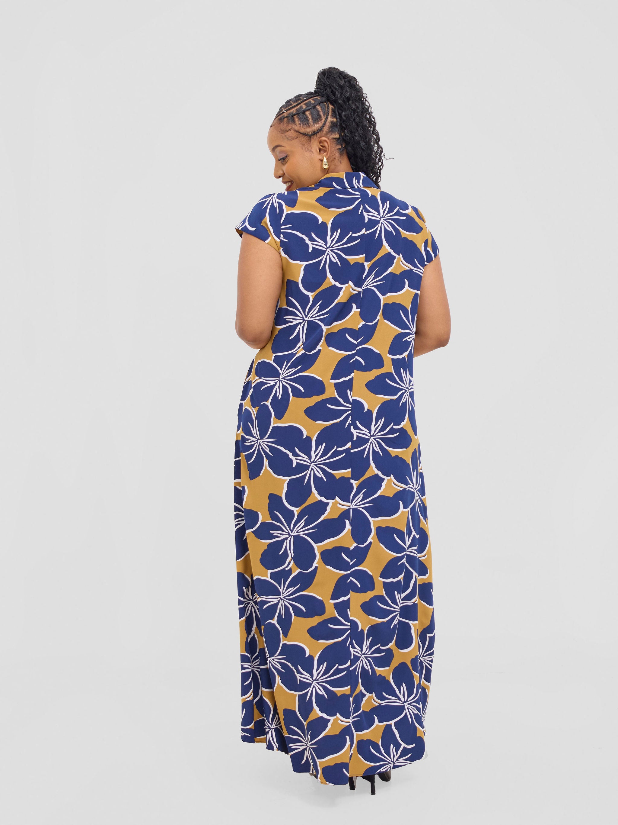 Vivo Zuri Cap Sleeved Maxi Dress - Navy / Dark Mustard Uri Print